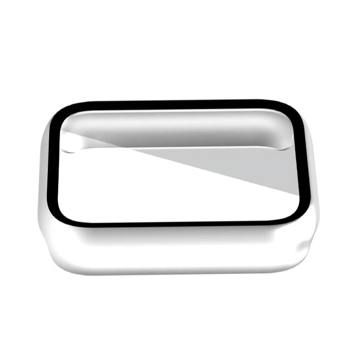 Un oggetto bianco rettangolare con angoli arrotondati. Ha un bordo nero e una superficie riflettente. Lo sfondo è bianco.