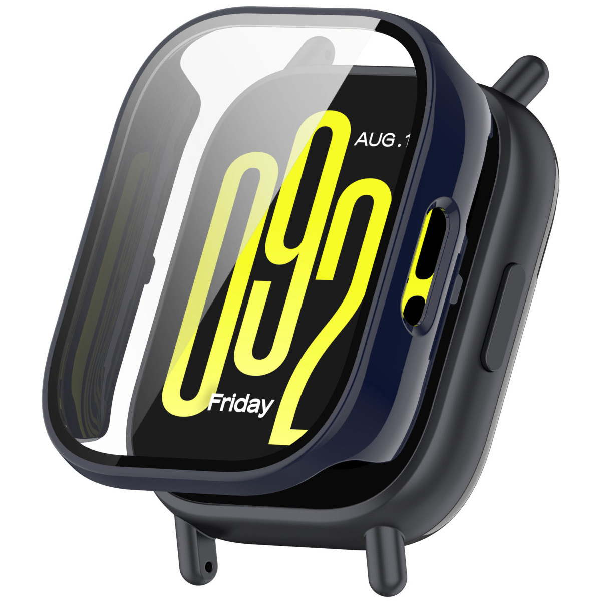 Se muestra un reloj inteligente con una funda protectora. La pantalla muestra la fecha como 1 de agosto, viernes, y un gran número amarillo. La funda es azul.