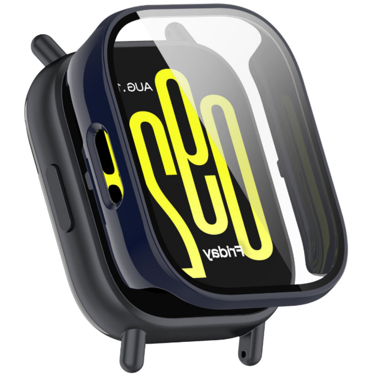 Un reloj inteligente con una carcasa azul marino y una cubierta transparente, que muestra una interfaz digital amarilla. El reloj descansa sobre una superficie blanca.
