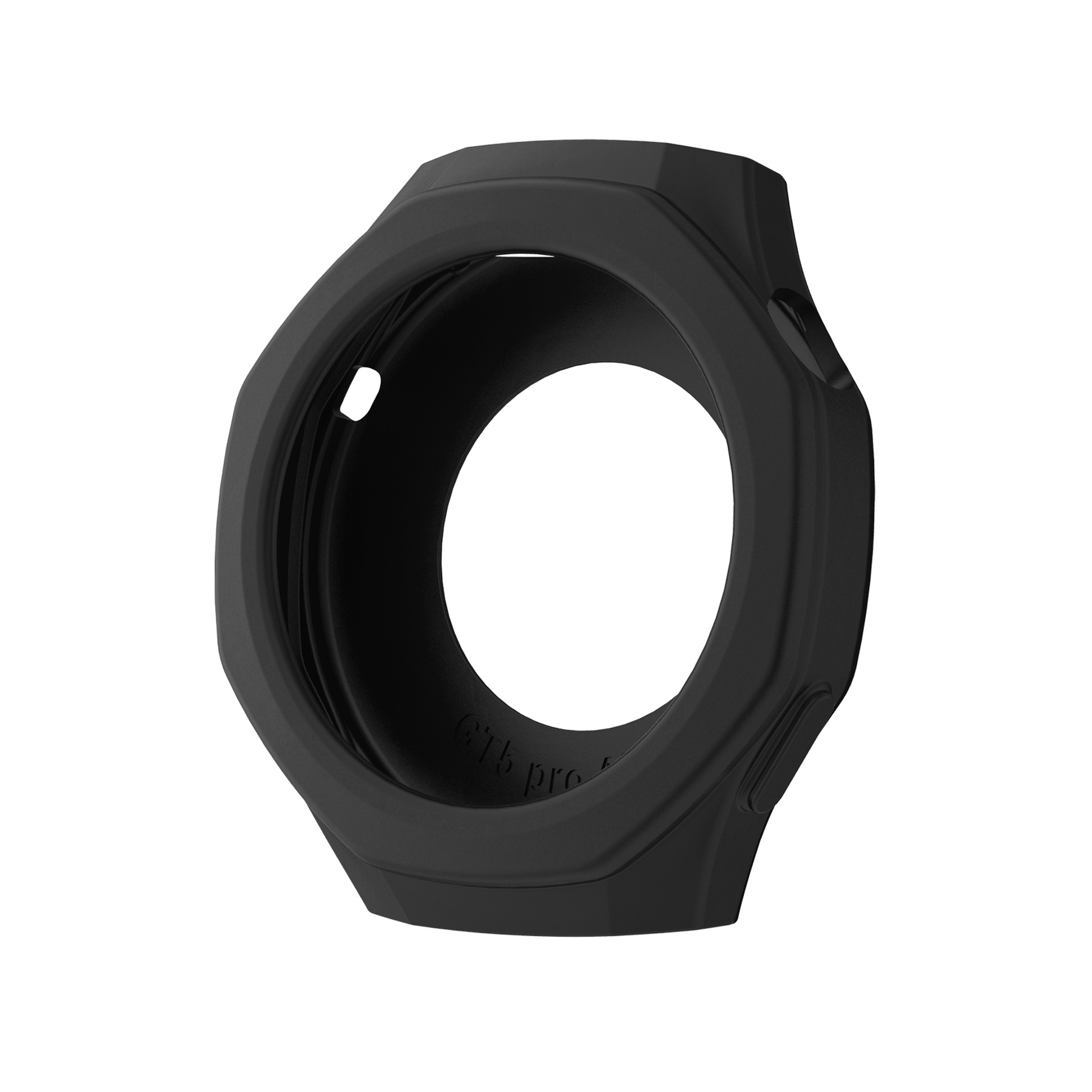 Una cassa di orologio nera di forma ottagonale. Ha un'apertura circolare. Lo sfondo è bianco.