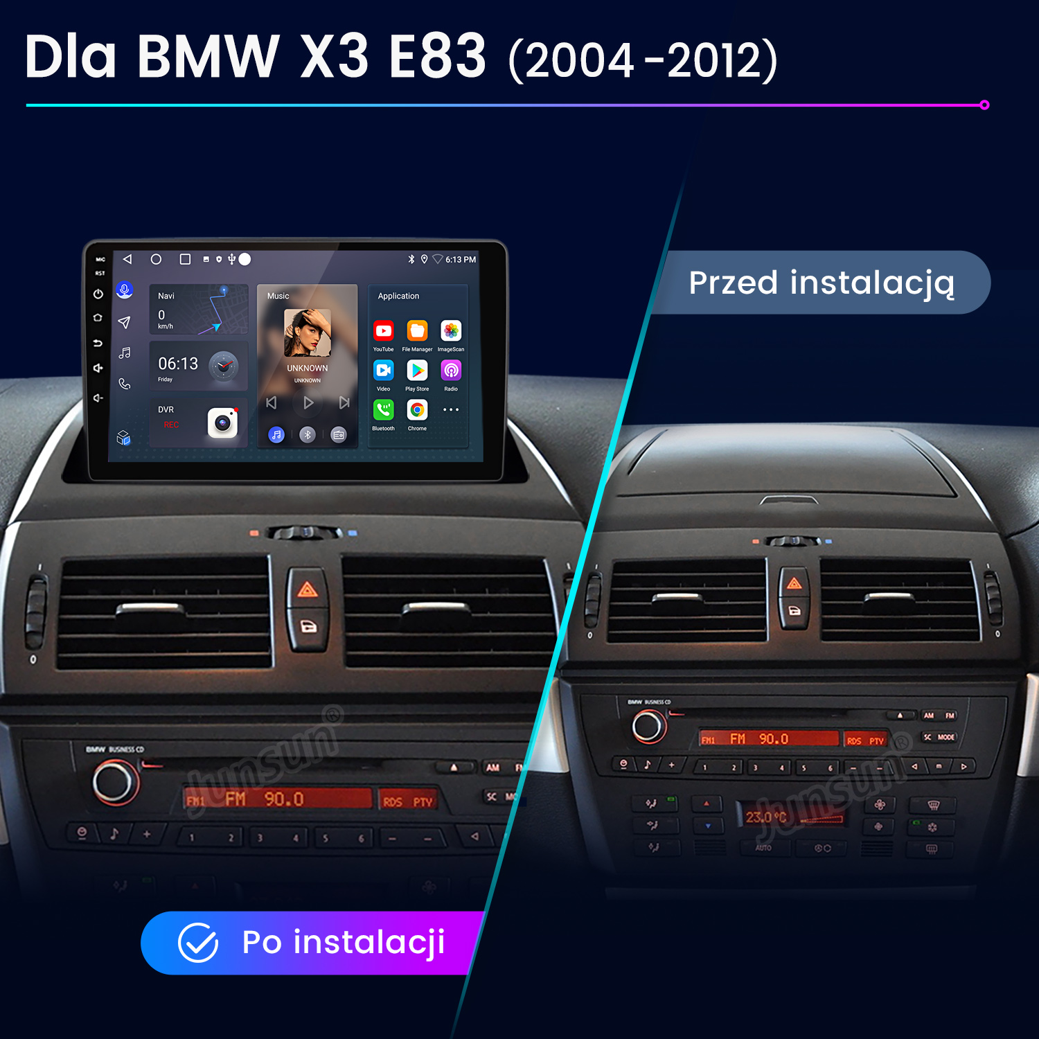 Porównanie deski rozdzielczej BMW X3 E83: Przed i po instalacji nowego systemu multimedialnego, pokazujące radio i ekran.