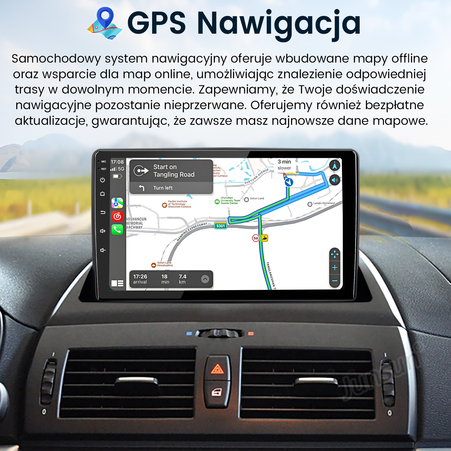 Deska rozdzielcza samochodu z ekranem nawigacji GPS pokazującym mapę ze wskazówkami. Tekst u góry brzmi Nawigacja GPS.