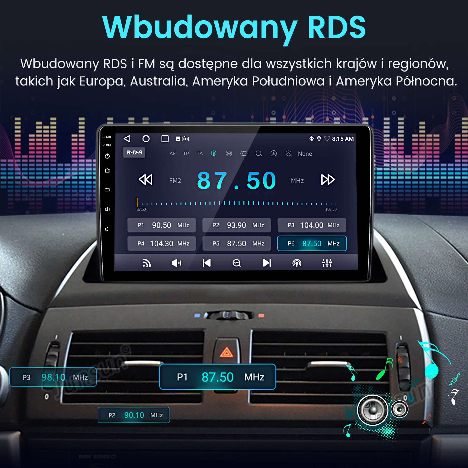 Ekran radia samochodowego wyświetla stację radiową FM 87,50 MHz. Elementy sterowania deską rozdzielczą poniżej, z falami dźwiękowymi.