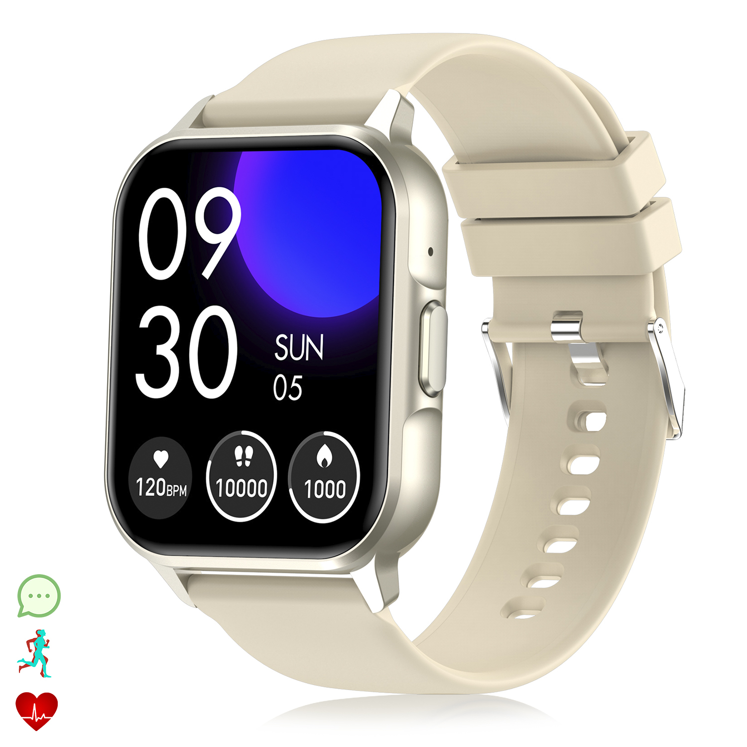 Uno smartwatch beige mostra ora, data e dati sanitari. Ha schermo quadrato e cinturino beige, con icone in basso.