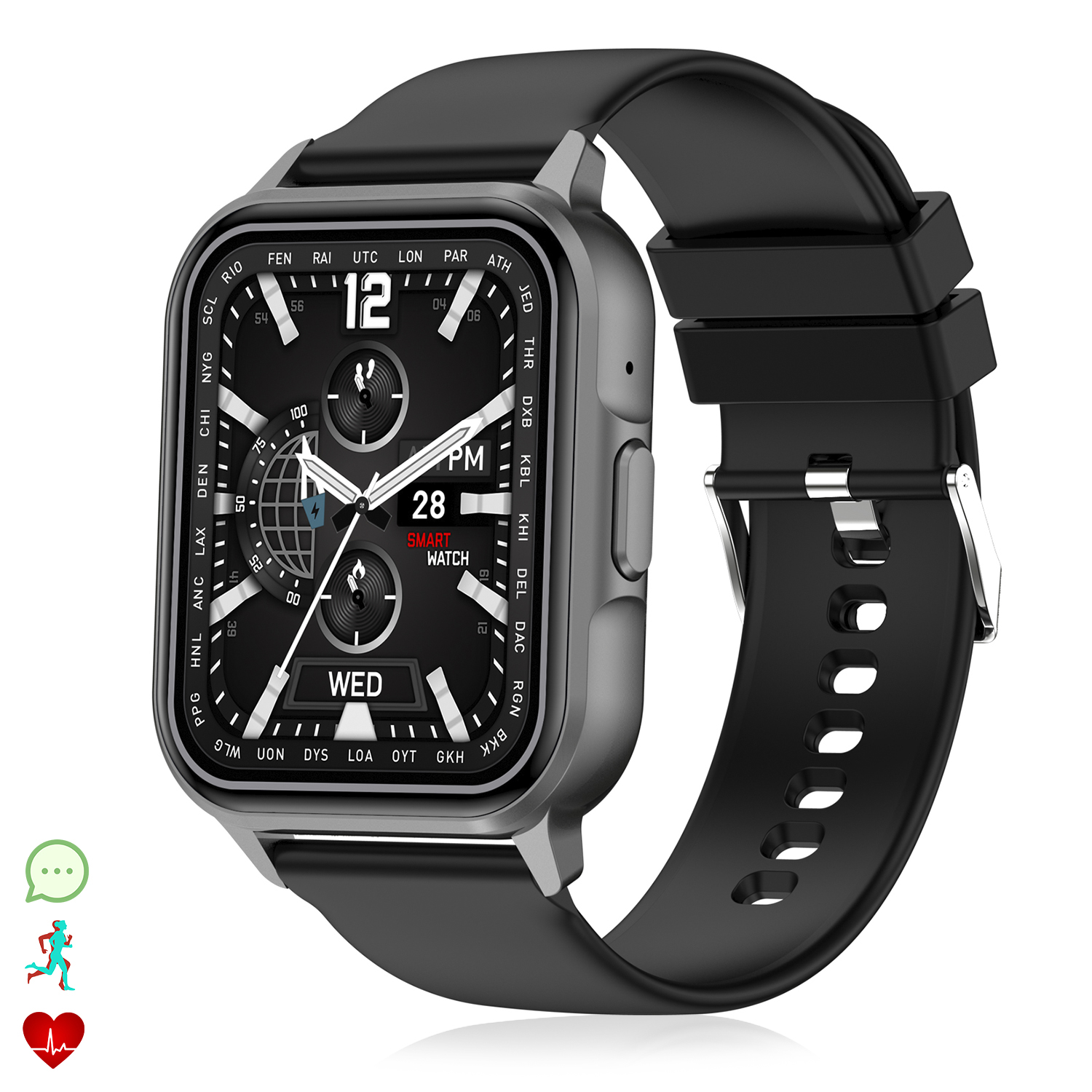Uno smartwatch con cinturino nero e quadrante grigio. L'orologio mostra l'ora, la data e ha icone per diverse funzioni.