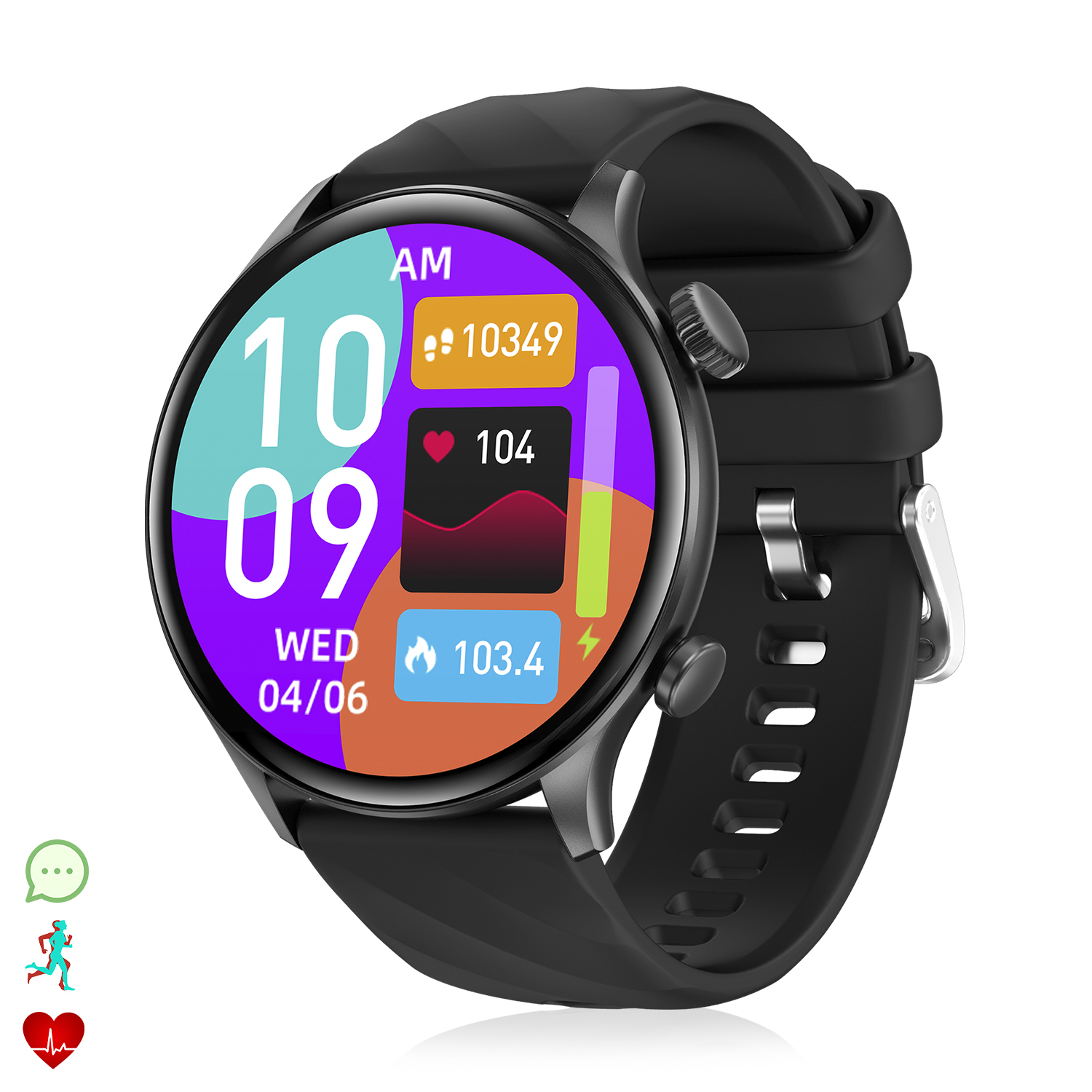 Smartwatch nero con quadrante rotondo. Display mostra ora, data, passi, frequenza cardiaca e livello batteria. Cinturino nero. Icone per messaggi, corsa e cuore.