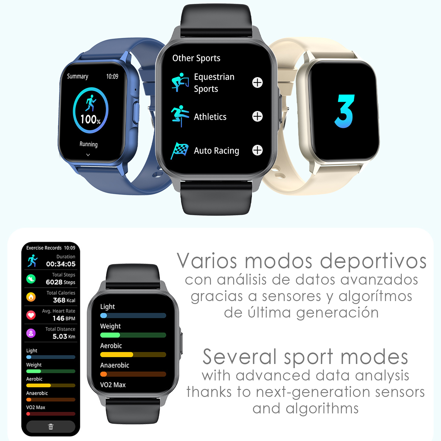 Gli smartwatch mostrano dati di fitness e modalità sportive. Uno mostra il 100% di avanzamento della corsa, un altro sport come l'atletica. Un terzo mostra il numero 3.