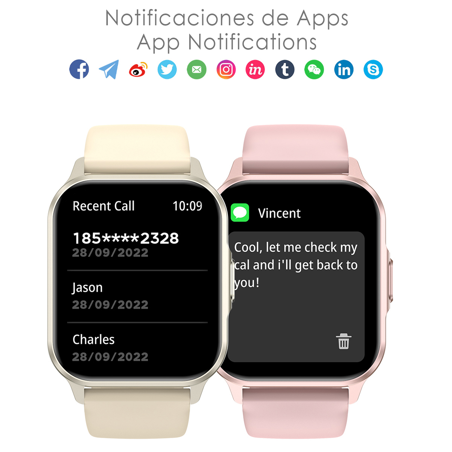 Due smartwatch mostrano notifiche. Uno mostra un elenco delle chiamate recenti, l'altro un messaggio da Vincent. Icone delle app in alto.