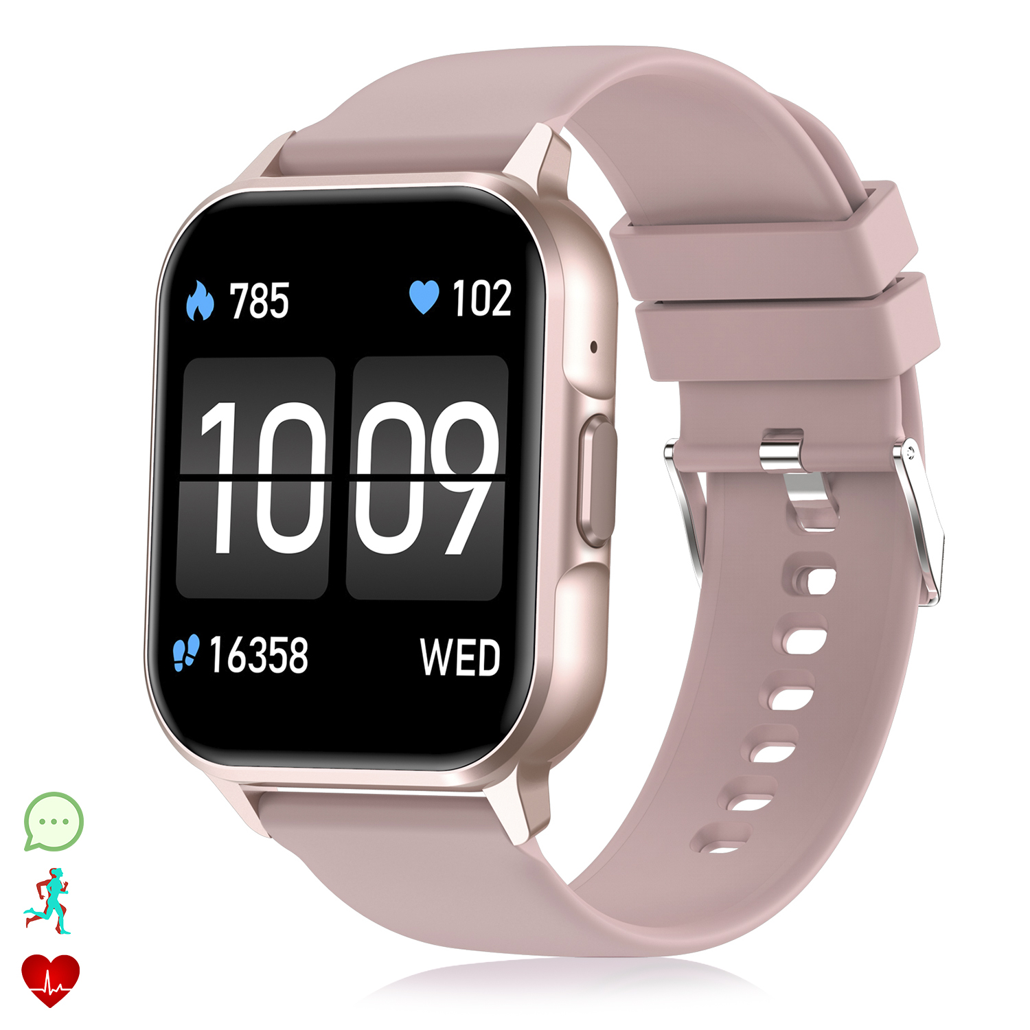 Uno smartwatch oro rosa con schermo nero che mostra ora, passi e frequenza cardiaca. Il cinturino è rosa.