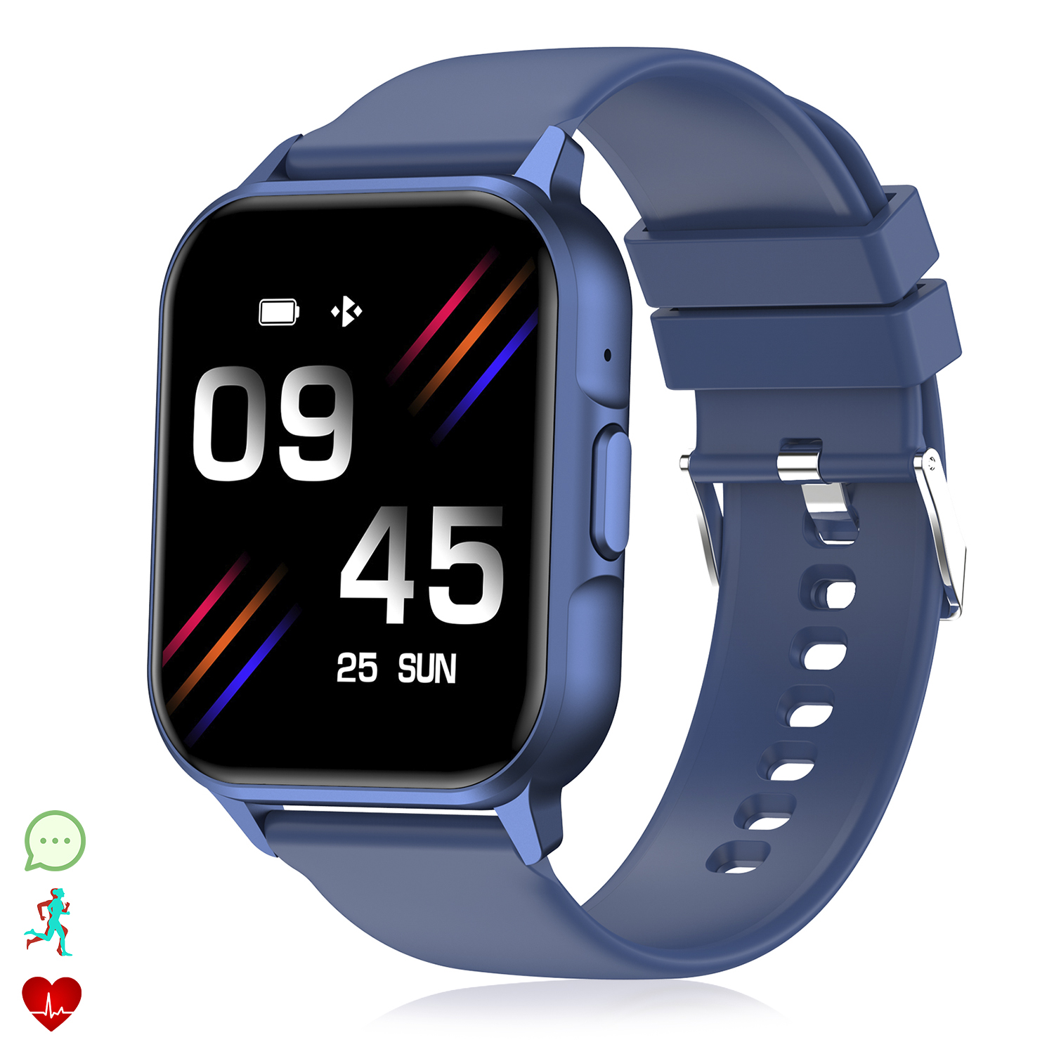 Uno smartwatch blu mostra ora, data e batteria. Ha un cinturino blu. Vengono visualizzate icone per notifiche, corsa e frequenza cardiaca.