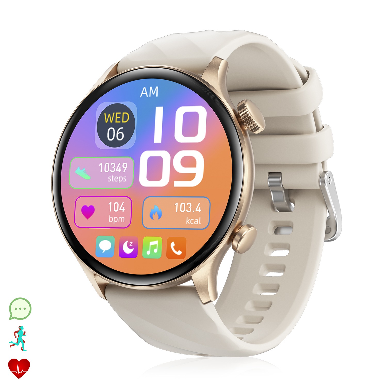 Uno smartwatch con cinturino beige e cassa dorata. Lo schermo mostra ora, data, passi, frequenza cardiaca e calorie bruciate.