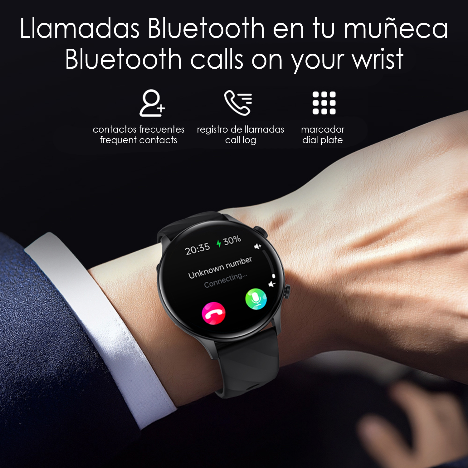 Uno smartwatch al polso mostra una chiamata in arrivo. L'orologio mostra l'ora, la batteria e un messaggio di connessione. Sfondo nero.