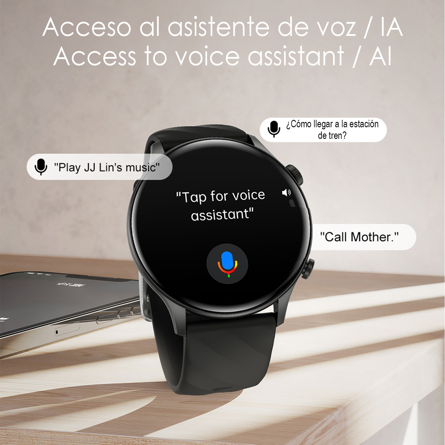 Uno smartwatch mostra le opzioni dell'assistente vocale: riproduci musica, indicazioni e chiama. Un telefono è accanto all'orologio su una superficie di legno.