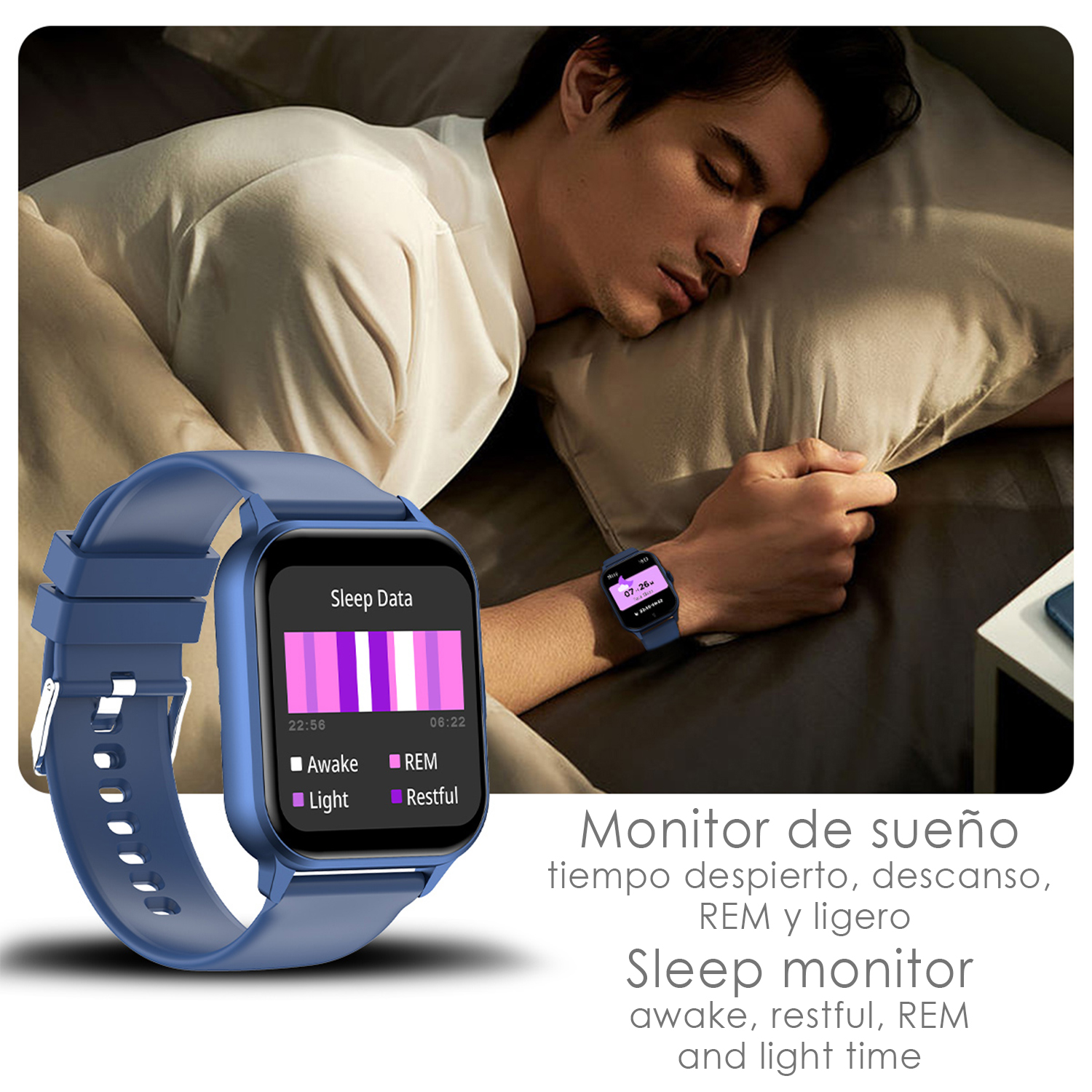 Un uomo dorme con uno smartwatch blu che mostra i dati del sonno. L'orologio mostra le fasi del sonno. Testo: 'Sleep monitor'.
