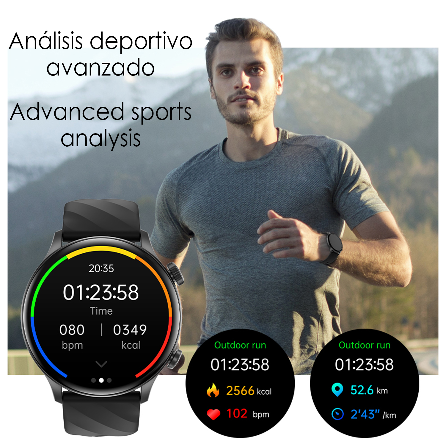 Uomo che corre con smartwatch che mostra le statistiche. Testo: 'Analisi sportiva avanzata'. L'orologio mostra tempo, frequenza cardiaca e calorie bruciate.