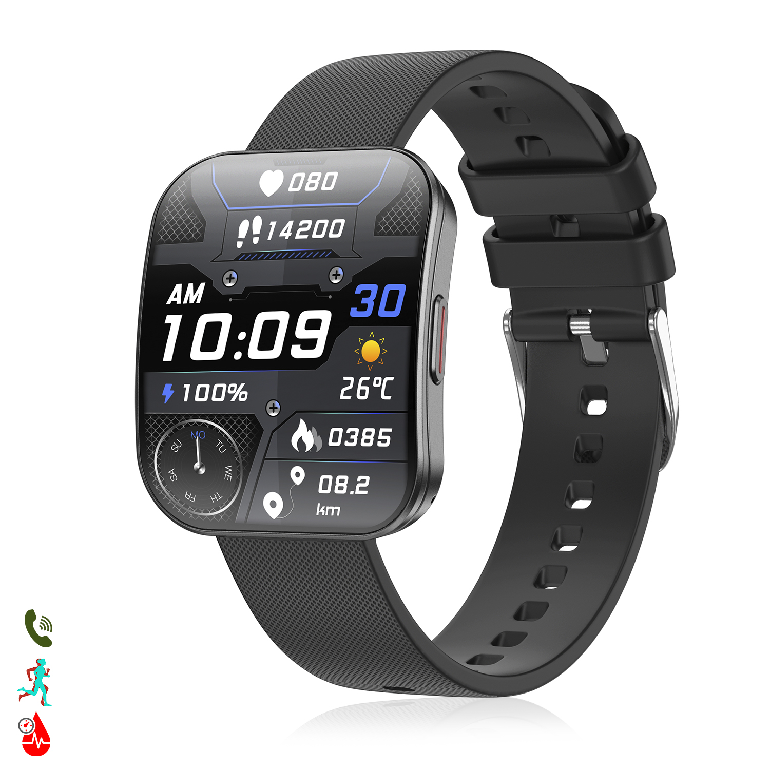 Uno smartwatch nero mostra l'ora, i parametri di salute e la temperatura. Ha un cinturino nero e un display digitale.