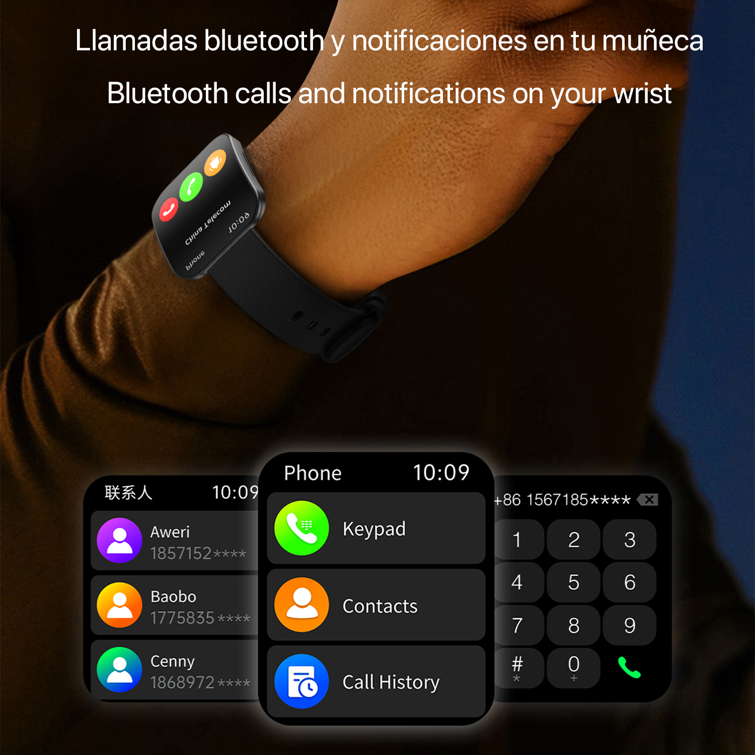 Uno smartwatch mostra le funzioni di chiamata e notifica. Sono visibili tre schermate dell'interfaccia telefonica, che mostrano contatti, tastierino e cronologia chiamate.