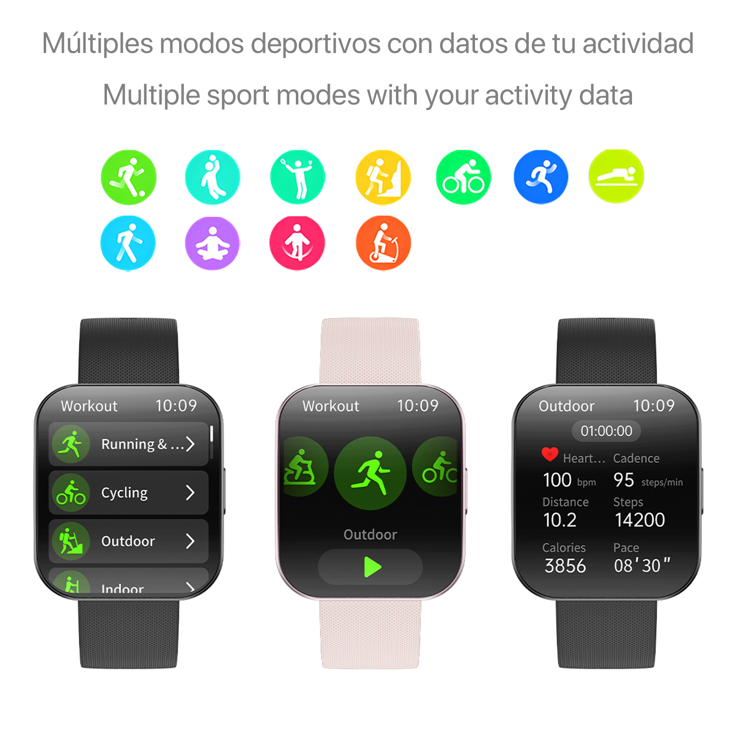 Smartwatch con modalità allenamento. Icone per corsa, ciclismo e attività all'aperto. Dati: frequenza cardiaca, distanza e calorie.