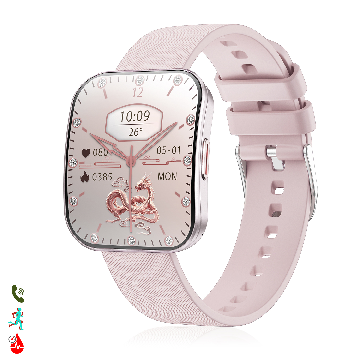 Smartwatch rosa con schermo quadrato. Mostra ora e temperatura e ha un design a drago. Anche il cinturino è rosa.