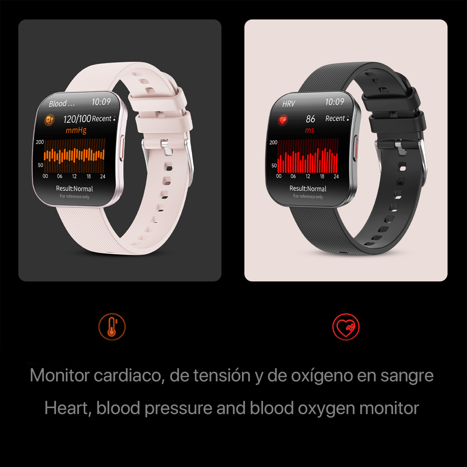 Due smartwatch mostrano dati sanitari. Uno ha un cinturino rosa e misura la pressione sanguigna. L'altro ha un cinturino nero e misura HRV.