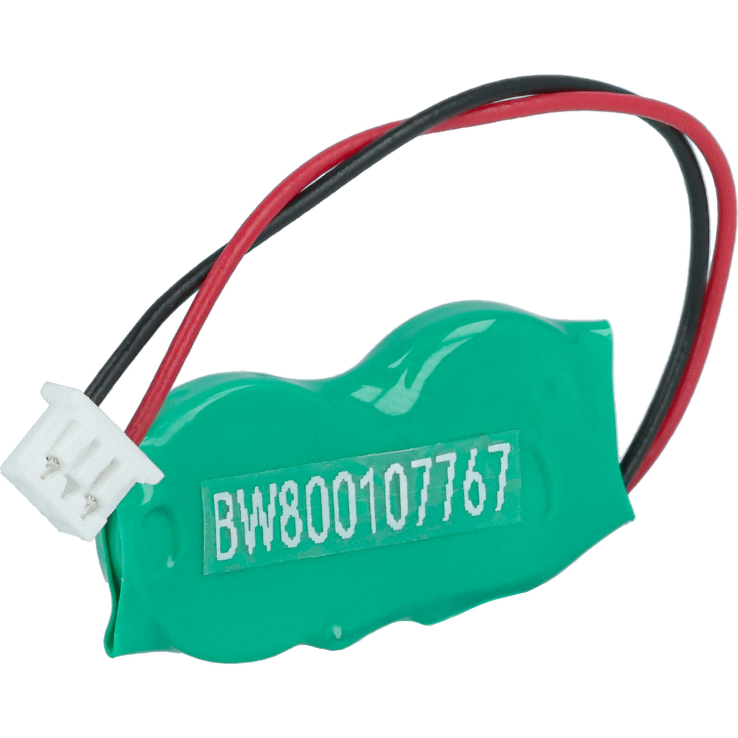 Eine grüne Batterie mit der Aufschrift BW800107767 ist mit schwarzen und roten Drähten verbunden. Ein weißer Stecker ist ebenfalls vorhanden.