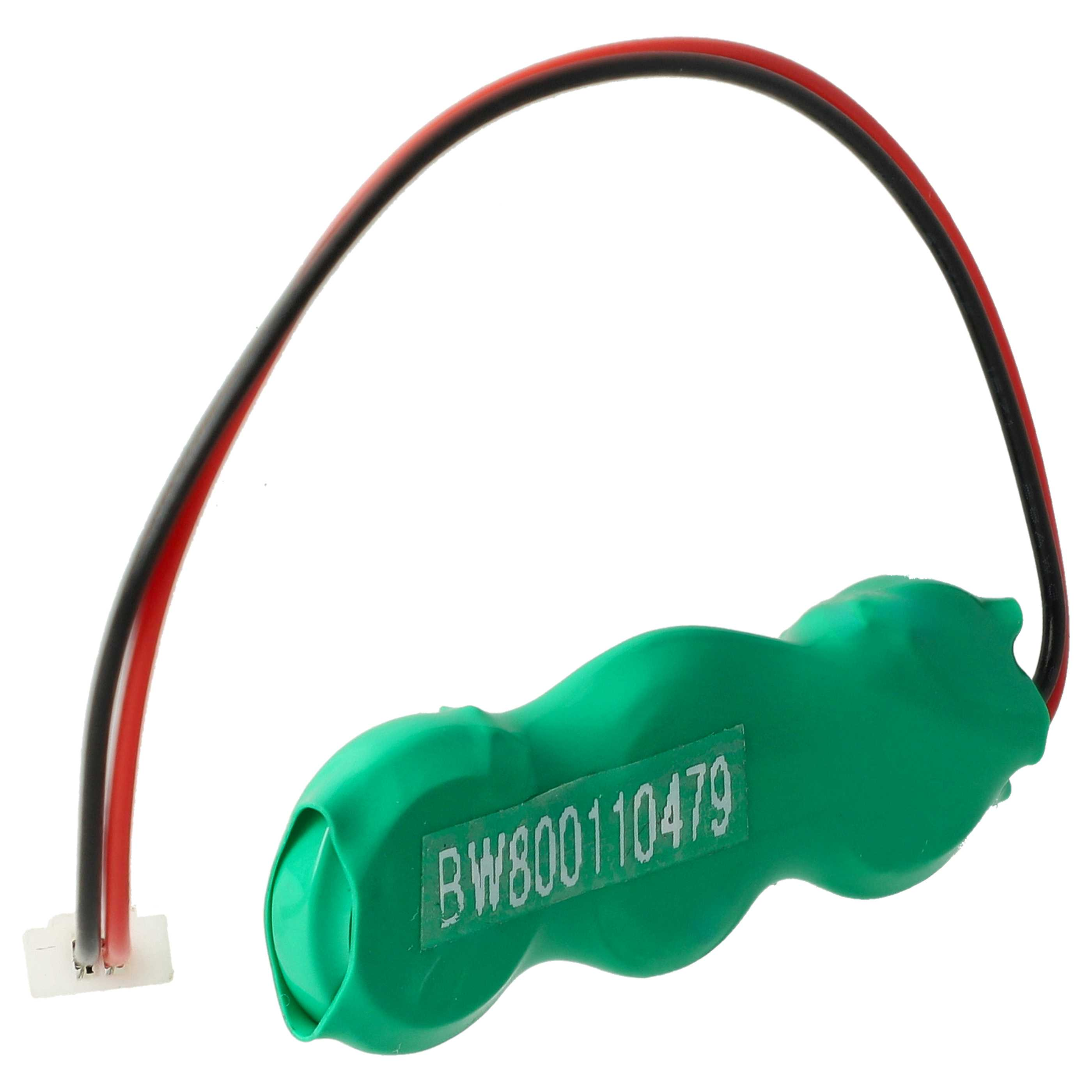 Ein grünes Batteriepack mit der Aufschrift 'BW800110479' und rot/schwarzen Drähten zu einem weißen Stecker.