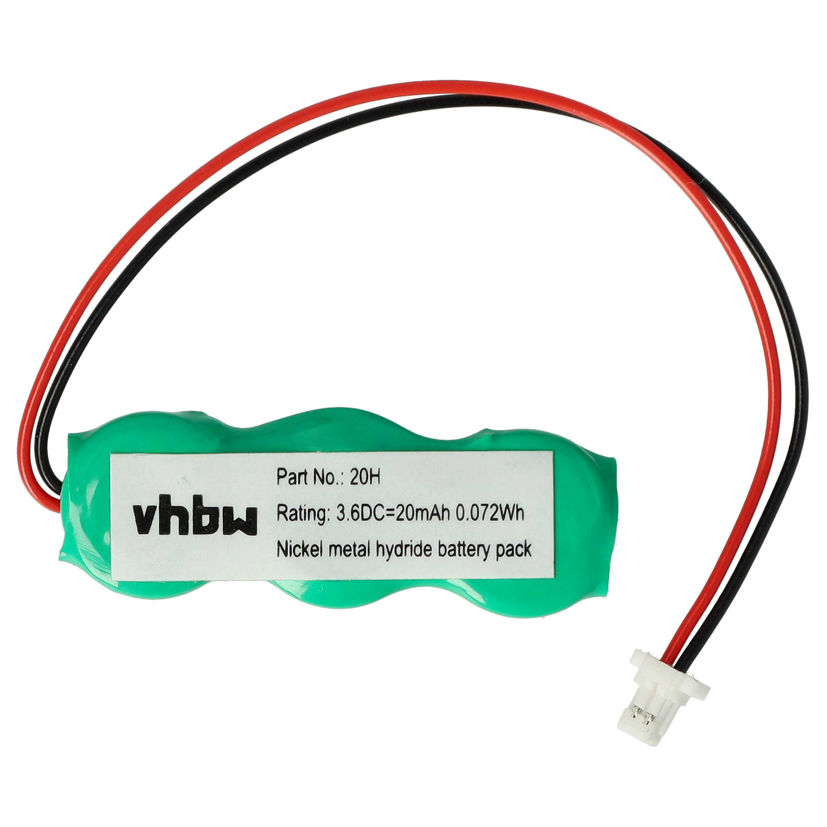 Grüner Akku mit schwarzen und roten Drähten, weißer Stecker. Text: 'vhbw', 'Part No.: 20H' und Batteriespezifikationen.