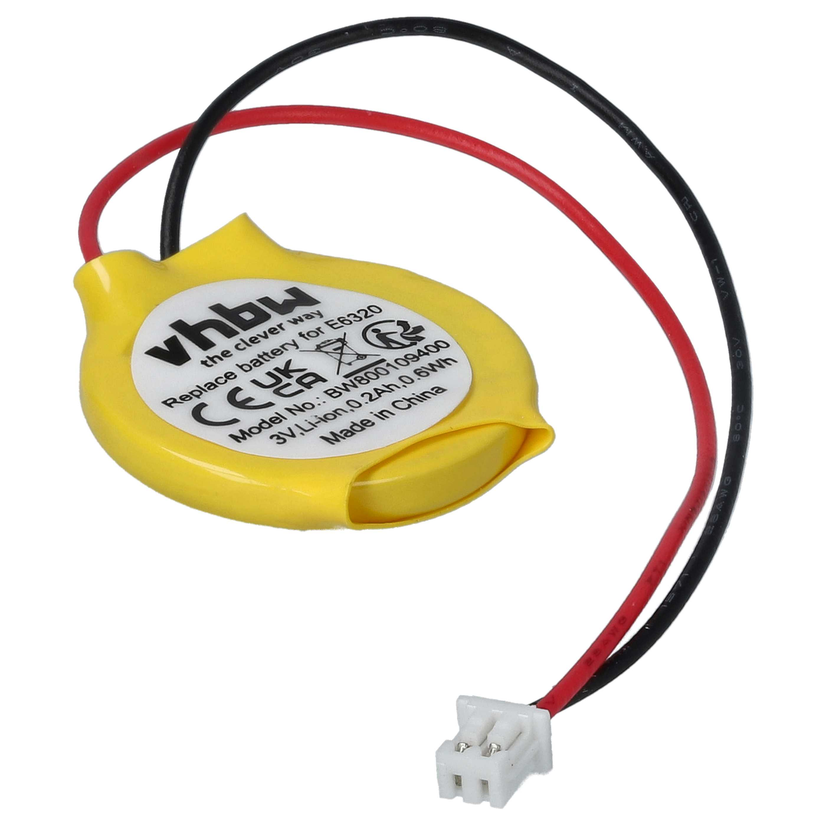 Ein gelbes, batterieförmiges Gerät mit schwarzen und roten Drähten. Es hat Text, der 'vhbw' und 'Batterie ersetzen' sagt.