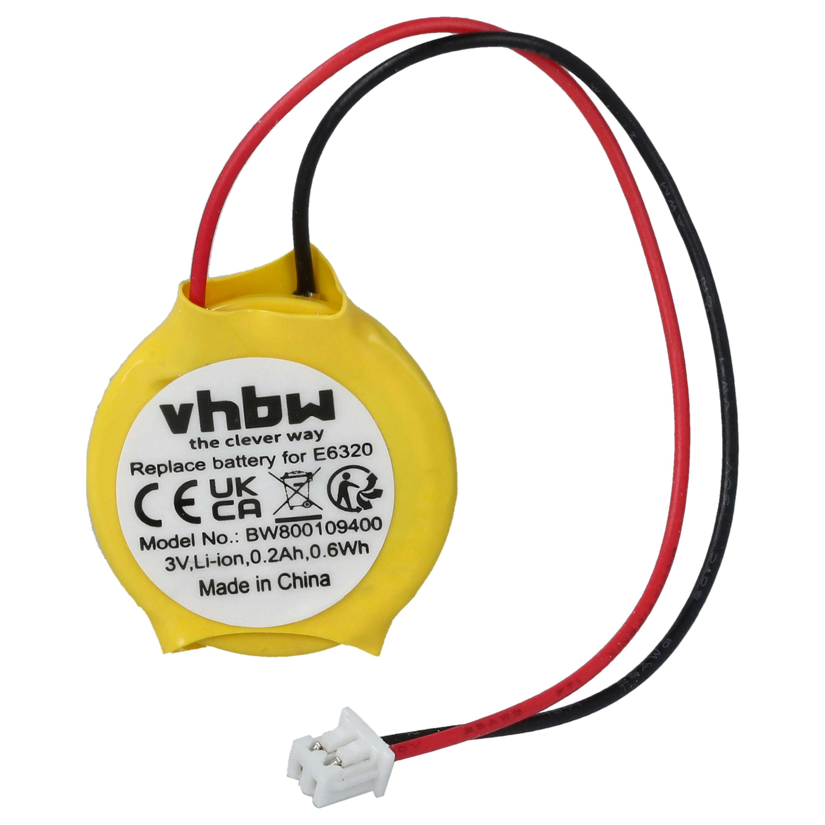 Eine gelbe vhbw-Batterie mit roten und schwarzen Drähten und einem weißen Stecker. Text beinhaltet Modellinformationen und Zertifizierungen.