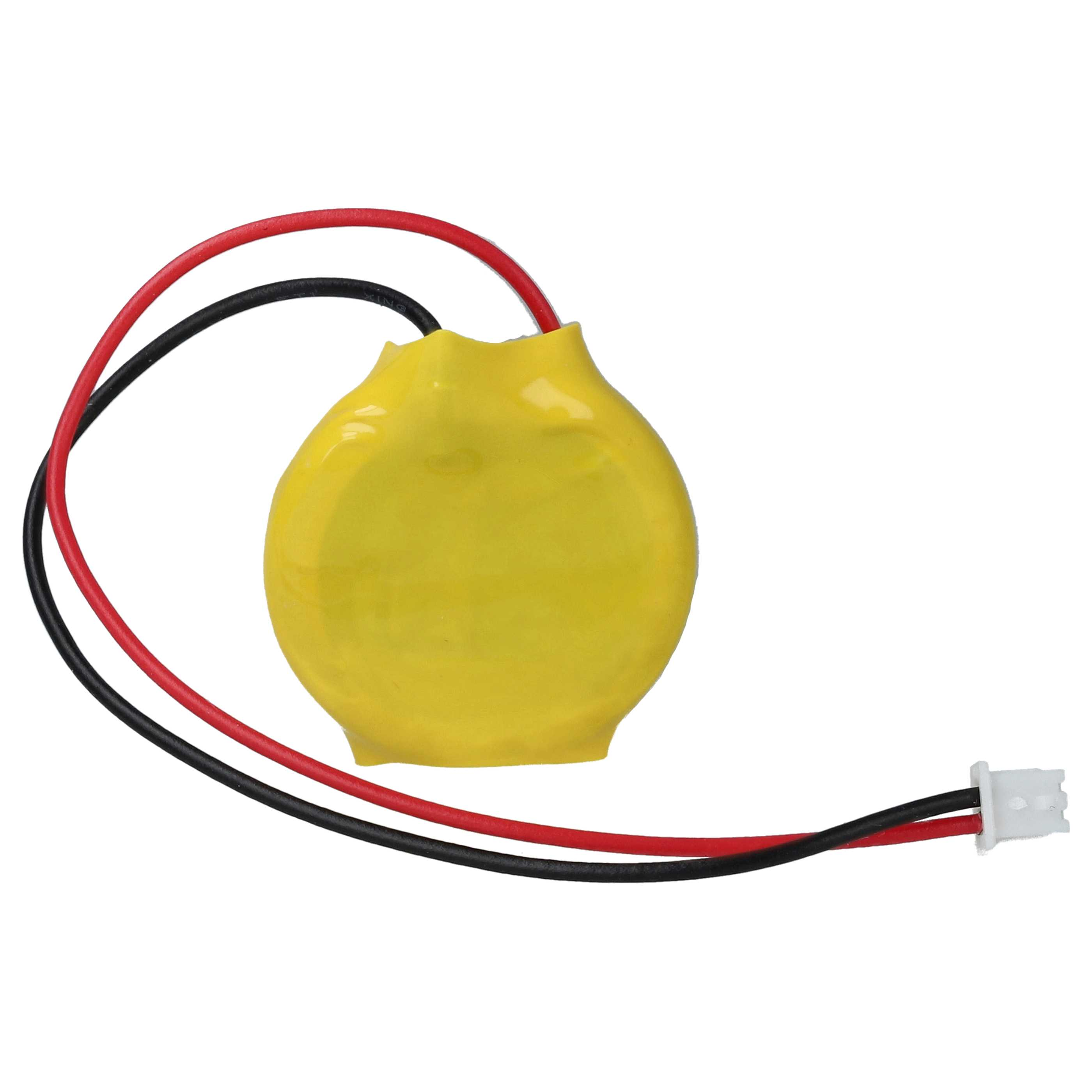 Eine gelbe Knopfzelle mit roten und schwarzen Drähten wird gezeigt. Ein weißer Stecker ist an den Drahtenden befestigt.