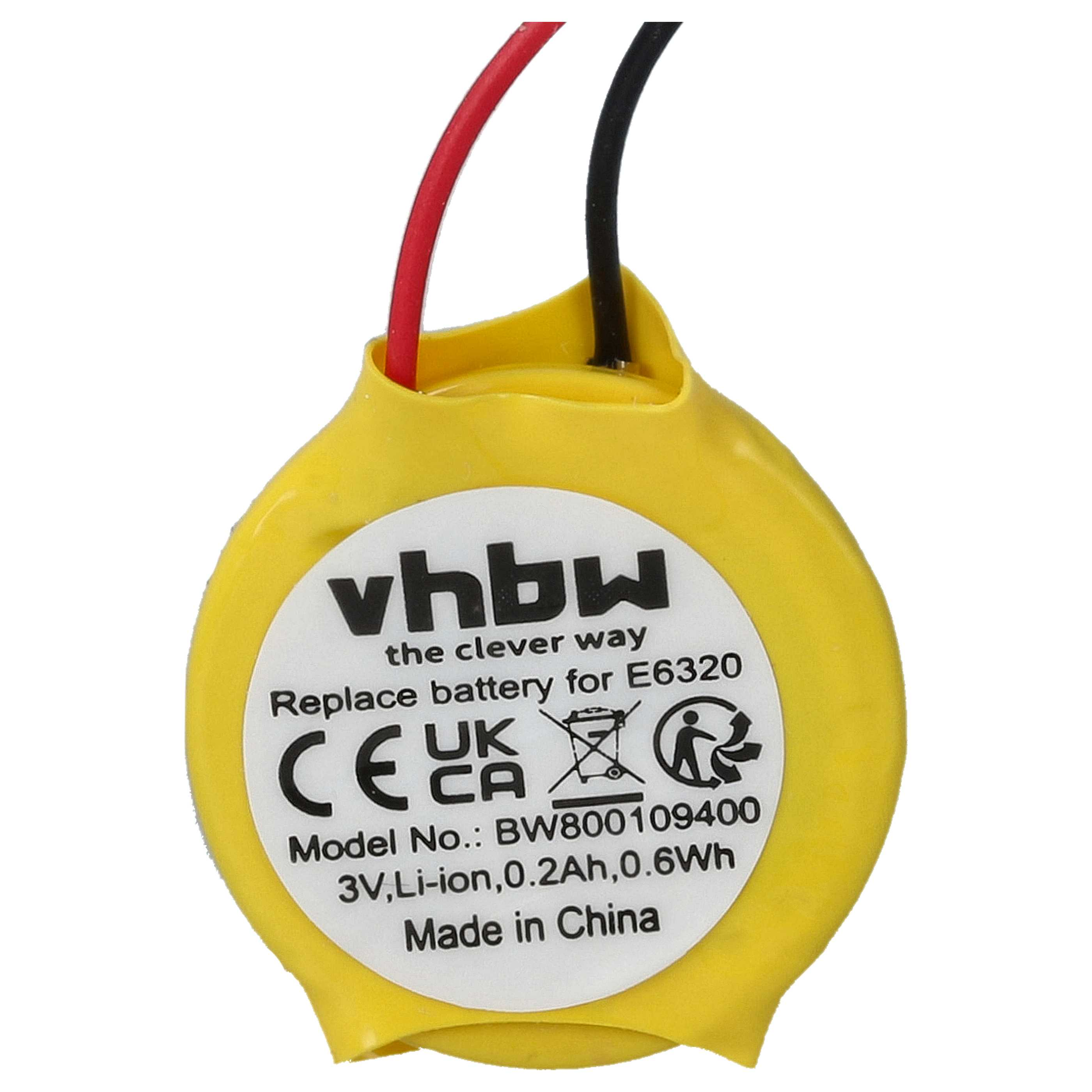 Eine gelbe Batterie mit roten und schwarzen Drähten. Sie hat ein weißes Etikett mit Text und Symbolen. Die Batterie ist mit 'Made in China' gekennzeichnet.