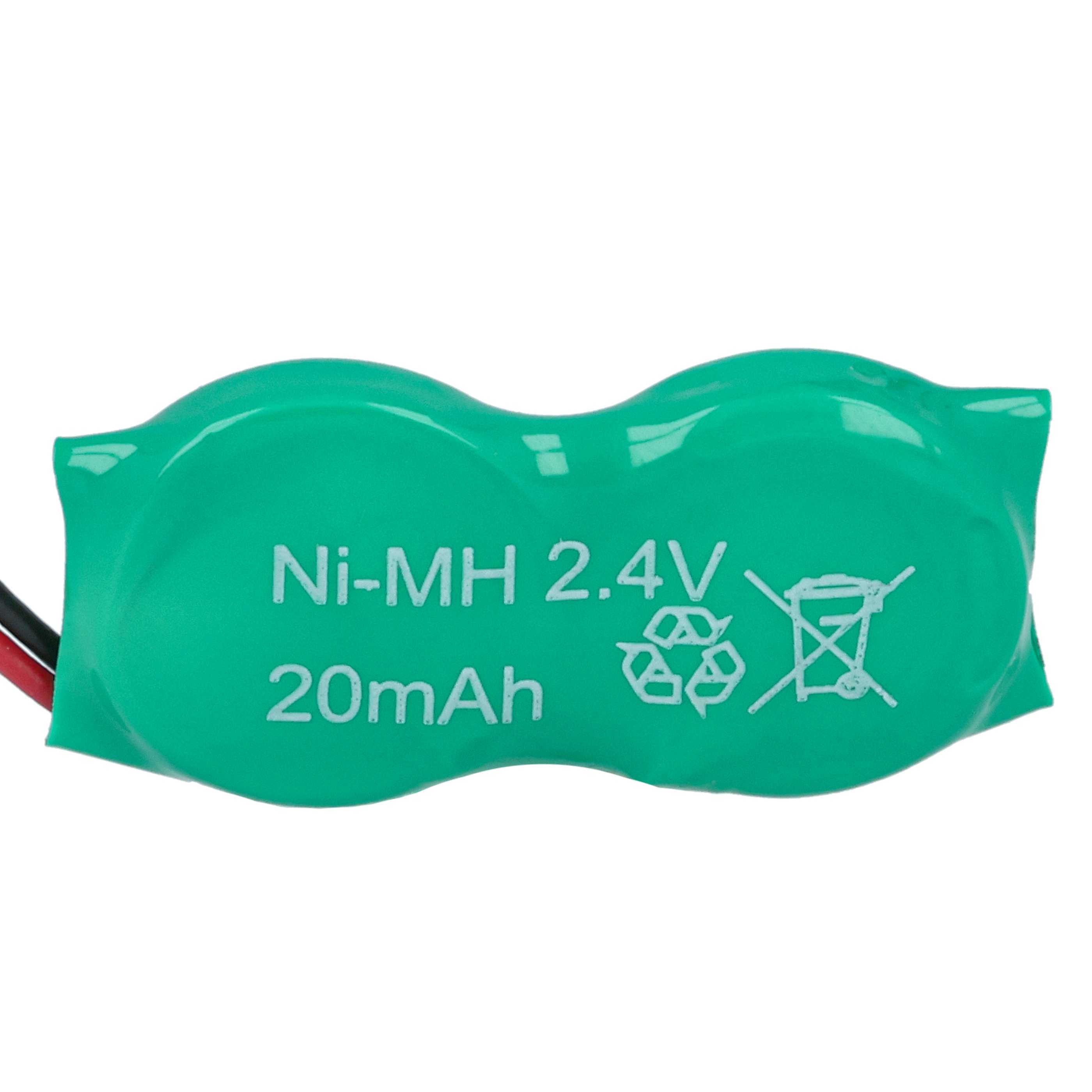 Eine grüne Ni-MH 2,4 V 20 mAh Batterie mit Recyclingsymbol und einem Entsorgungssymbol, mit schwarzen und roten Drähten.
