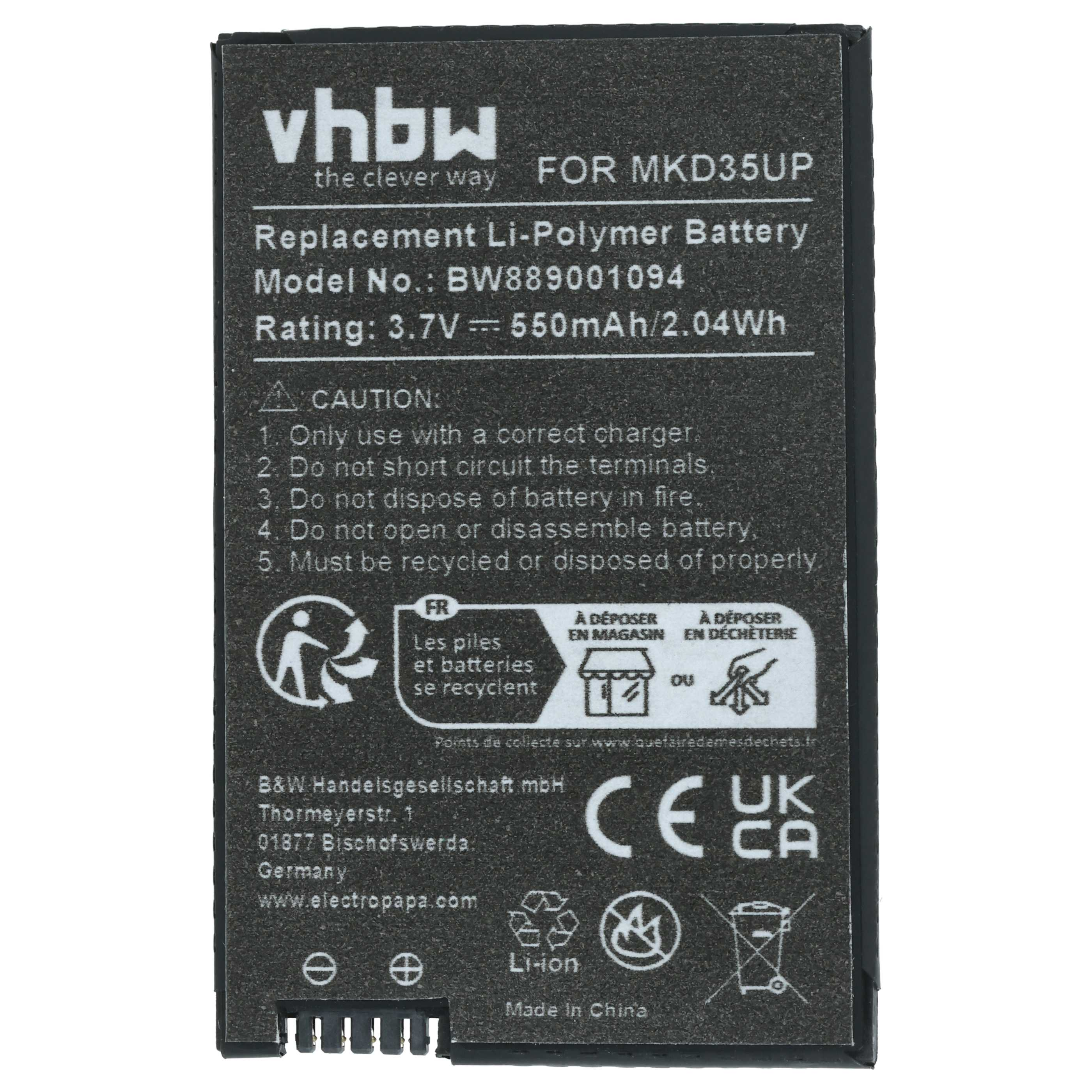 Schwarzer vhbw Li-Polymer-Ersatzakku mit Text und Symbolen. Enthält Warnhinweise und Recyclinganweisungen.