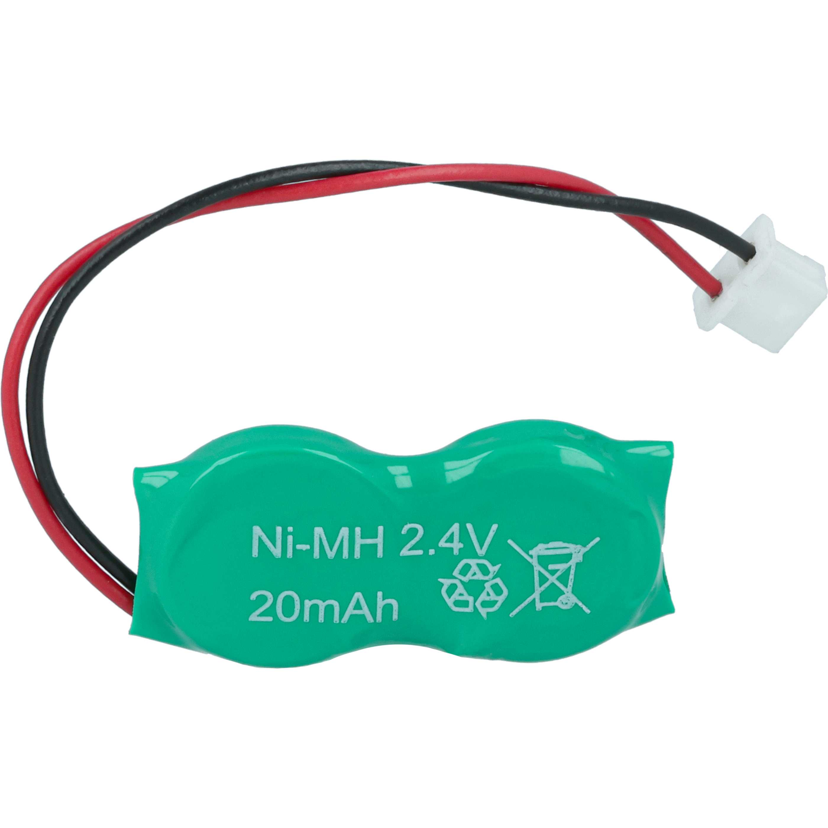 Eine grüne Batterie mit schwarzen und roten Drähten und einem weißen Stecker. Auf der Batterie steht 'Ni-MH 2,4V 20mAh'.