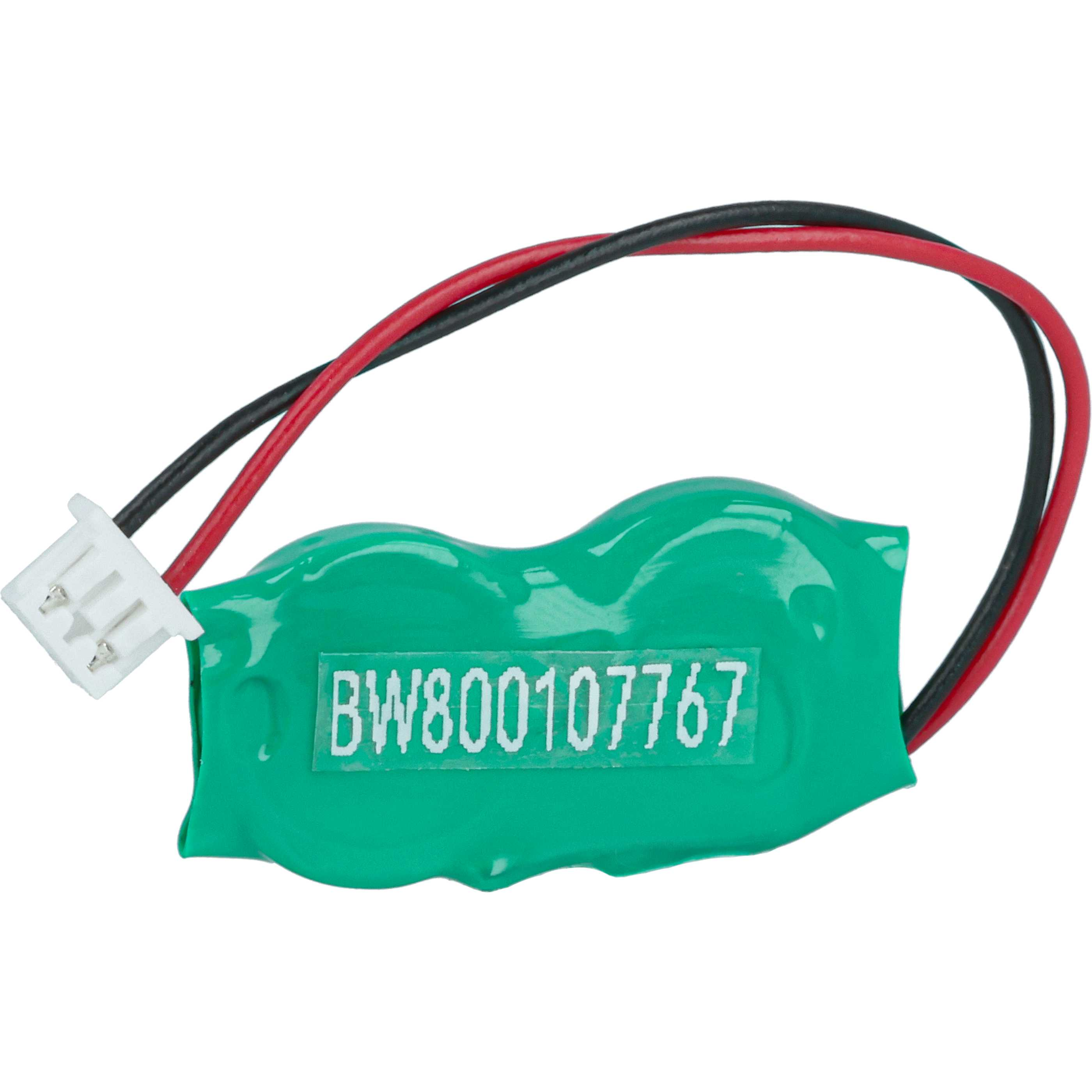 Eine grüne Batterie mit schwarzen und roten Drähten und einem weißen Stecker. Die Batterie hat den Text 'BW800107767'.