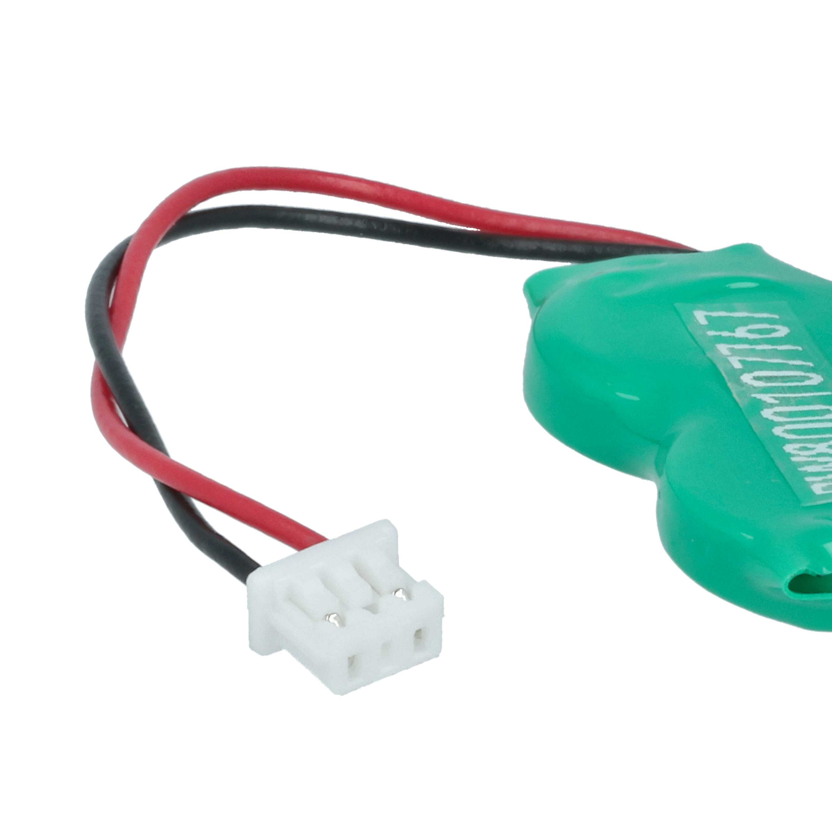 Eine grüne Batterie mit schwarzen und roten Drähten, die mit einem weißen Stecker verbunden sind.