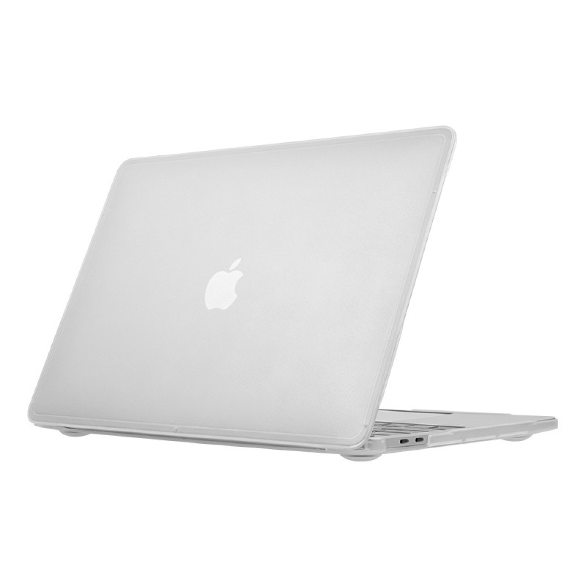 Ein silberner Laptop mit Apple-Logo ist leicht geöffnet. Der Laptop befindet sich auf weißem Hintergrund. Der Bildschirm ist sichtbar.