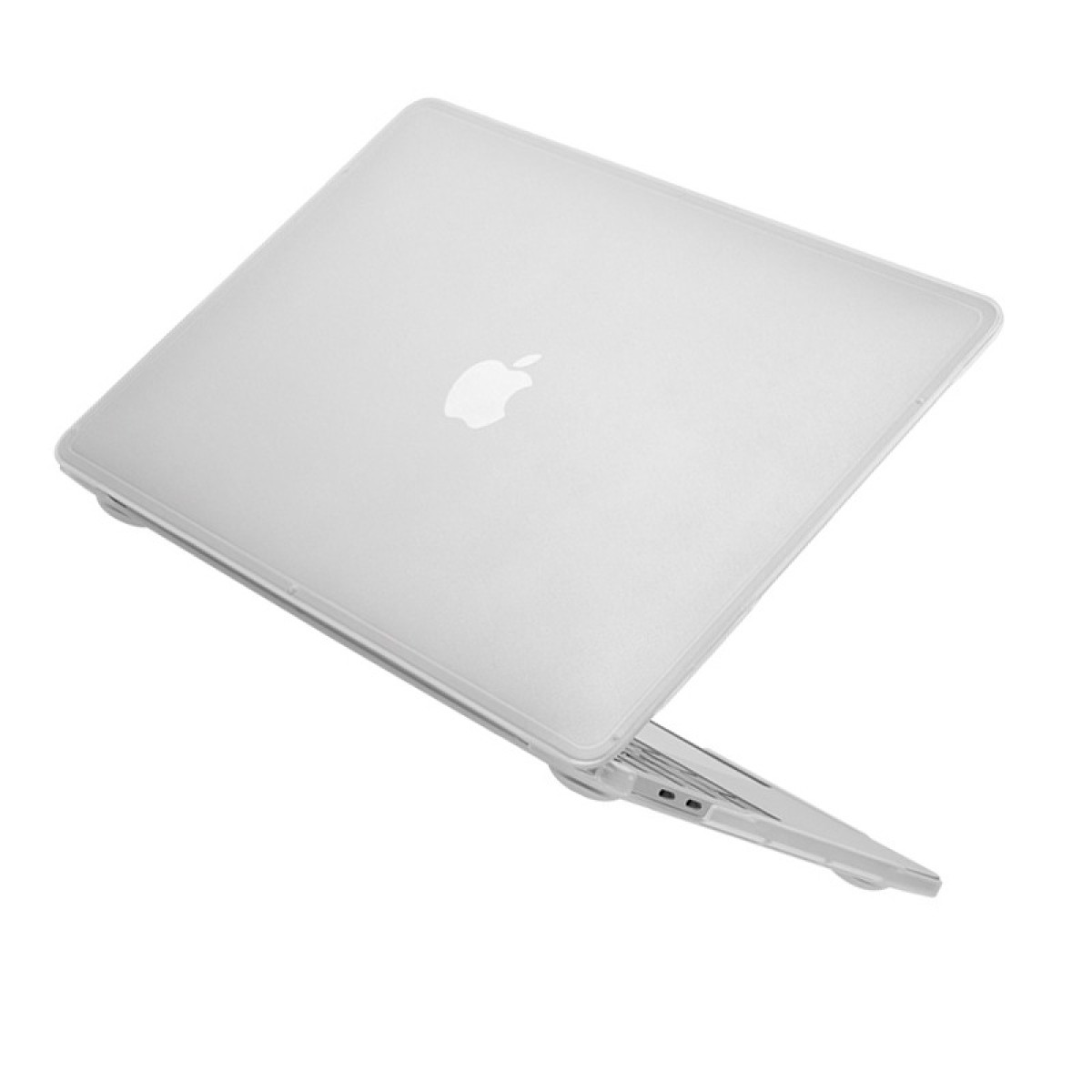 Draufsicht auf einen MacBook-Laptop. Der Bildschirm ist leicht geöffnet. Das Apple-Logo ist auf dem Deckel sichtbar. Weißer Hintergrund.