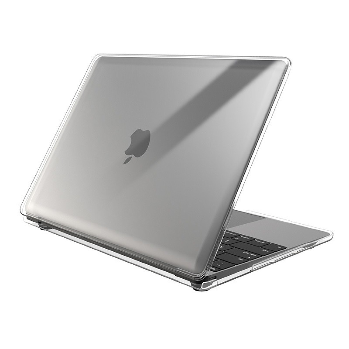 Ein silbernes Macbook-Laptop mit einer durchsichtigen Schutzhülle. Das Apple-Logo ist auf dem Deckel sichtbar. Die Tastatur ist schwarz.