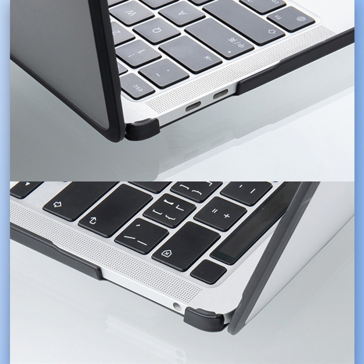 Nahaufnahme einer Laptop-Tastatur, schwarze Tasten, silberner Rahmen und schwarze Schutzhülle. Der Bildschirm ist geöffnet.
