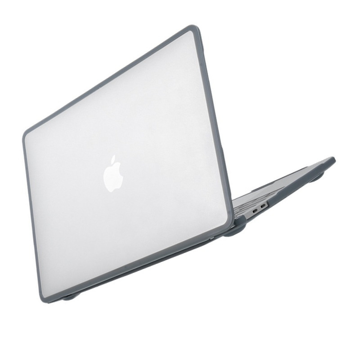 Ein silberner Apple-Laptop mit grauem Rahmen ist geöffnet. Das Apple-Logo ist auf dem Deckel sichtbar. Der Hintergrund ist weiß.