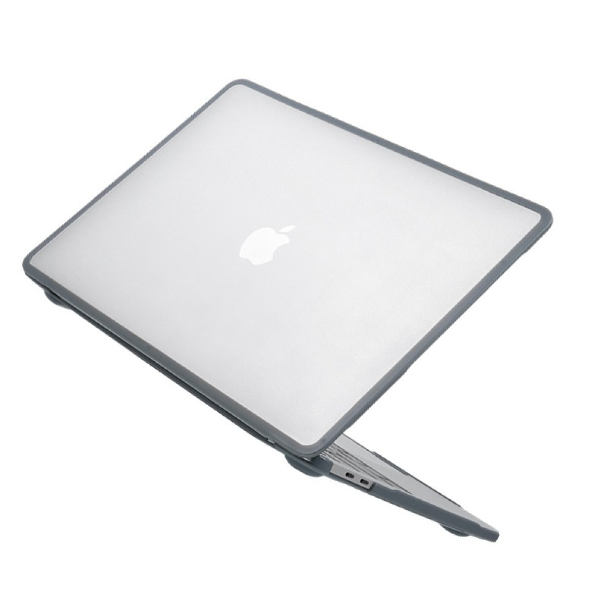 Ein silberner Laptop mit grauem Rahmen ist leicht geöffnet. Das Apple-Logo ist sichtbar. Der Hintergrund ist weiß.