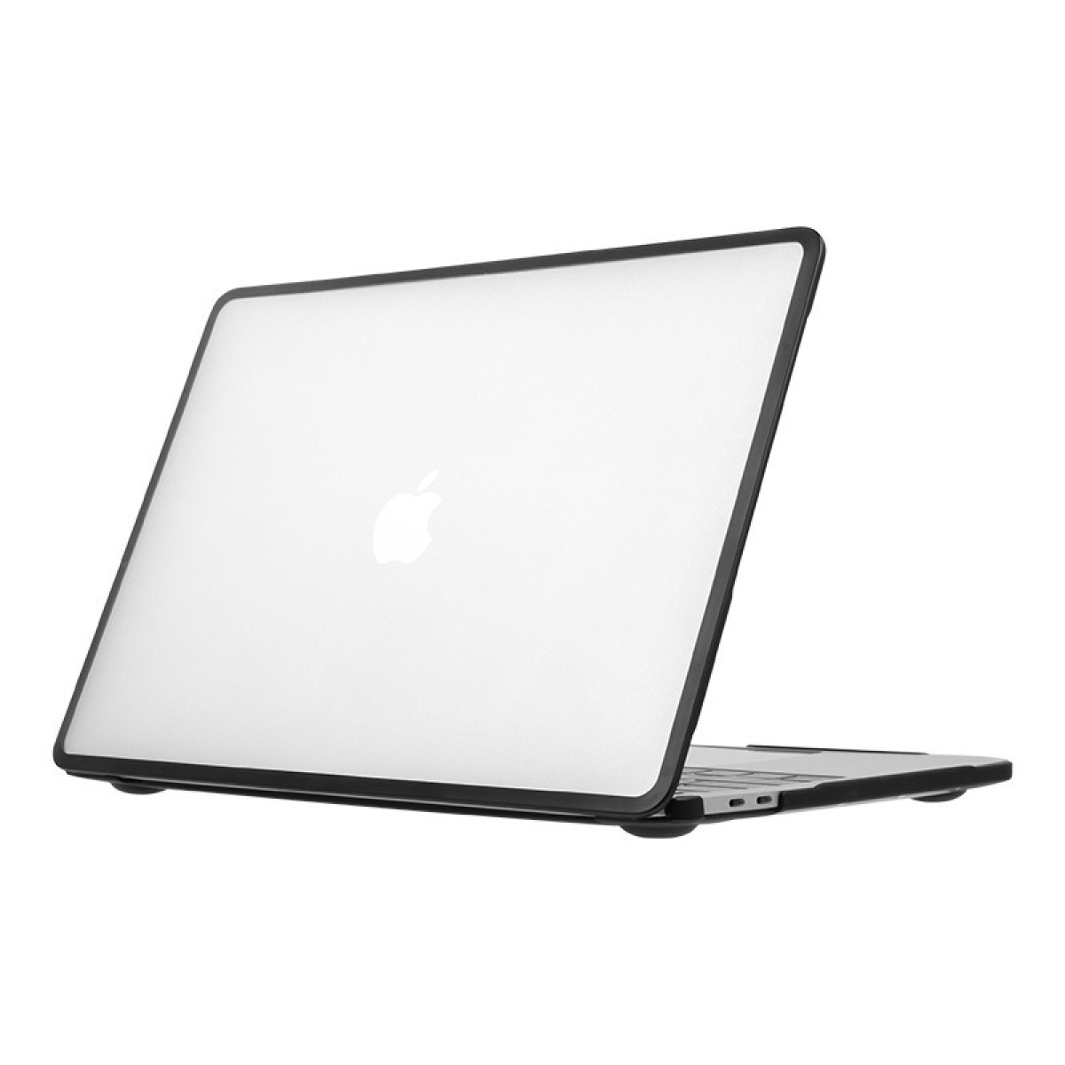 Ein silbernes MacBook mit schwarzer Schutzhülle, das das Apple-Logo zeigt. Der Laptop ist leicht geöffnet, vor weißem Hintergrund.