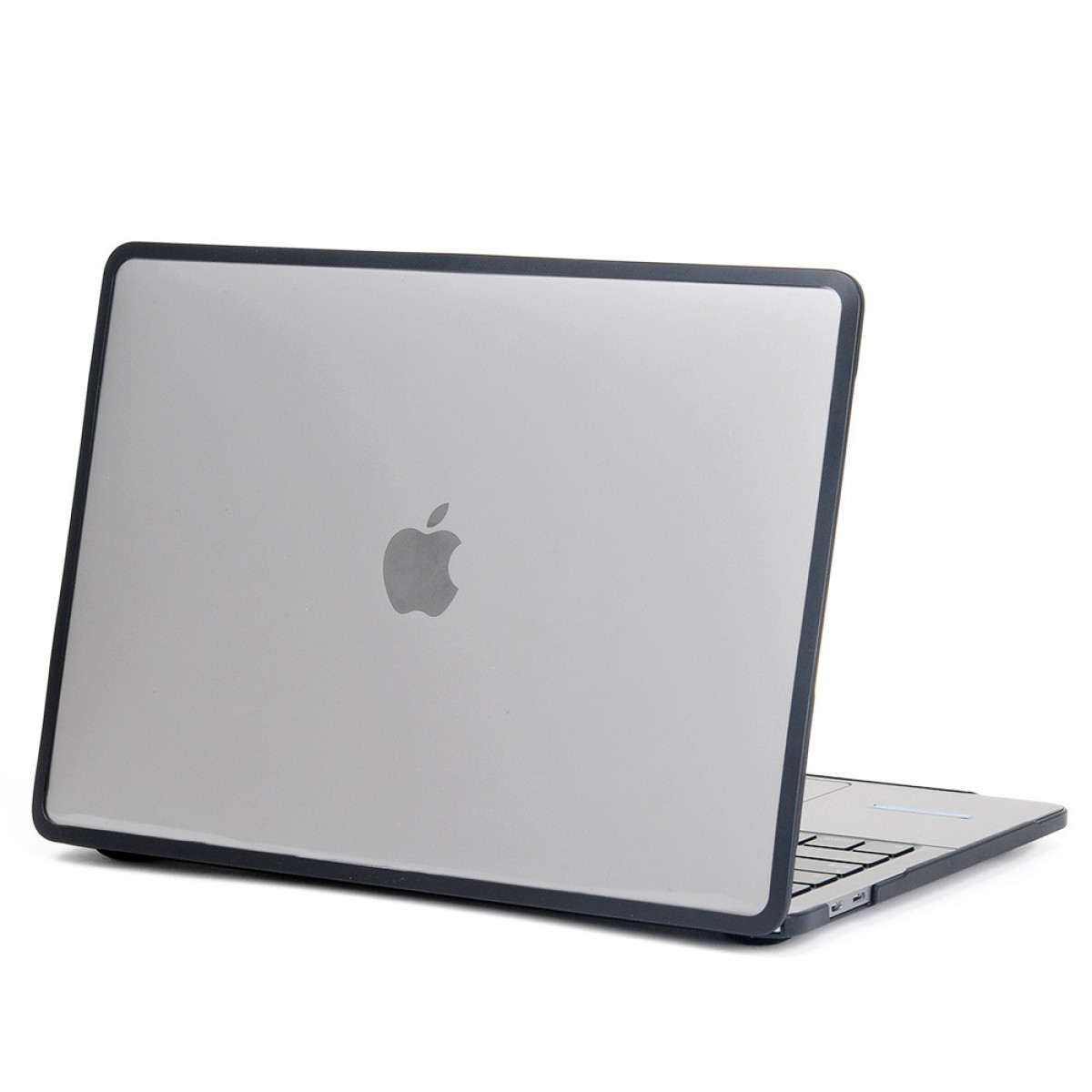 Laptop mit Apple-Logo auf weißem Hintergrund. Der Laptop ist silbern mit dunklem Rahmen und teilweise geöffnet.