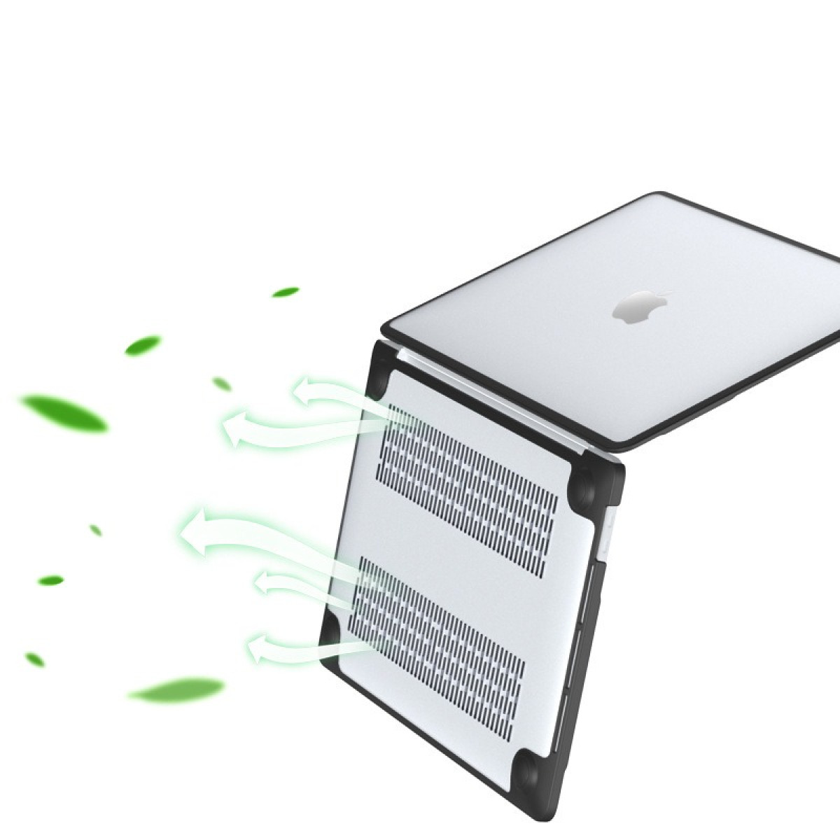 Ein silberner Laptop mit geöffnetem Deckel, der Lüftungslöcher zeigt. Grüne Pfeile zeigen den Luftstrom, grüne Blätter verstreut.