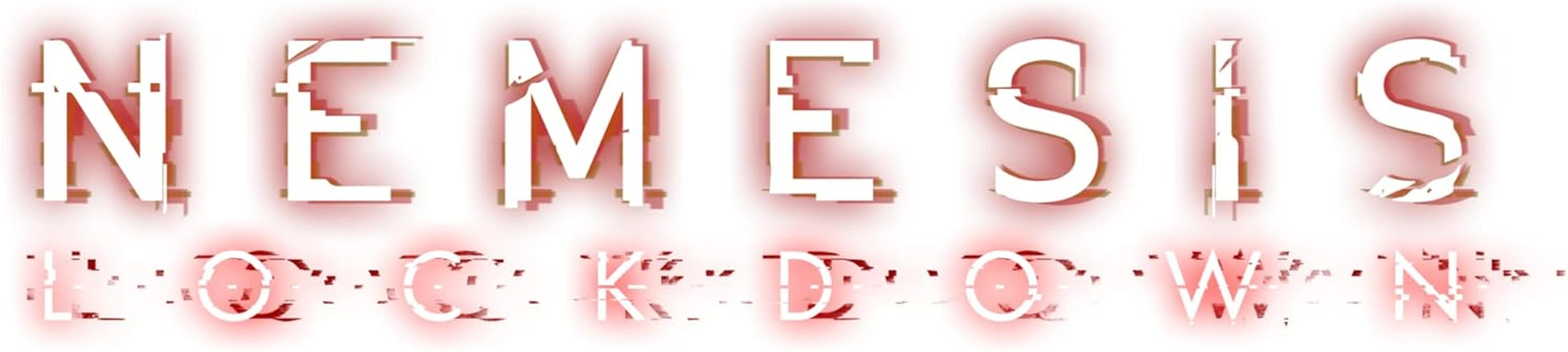 Obraz przedstawia słowa "NEMESIS LOCKDOWN" w kolorze białym, z czerwoną poświatą i efektem pikselizacji, na białym tle.