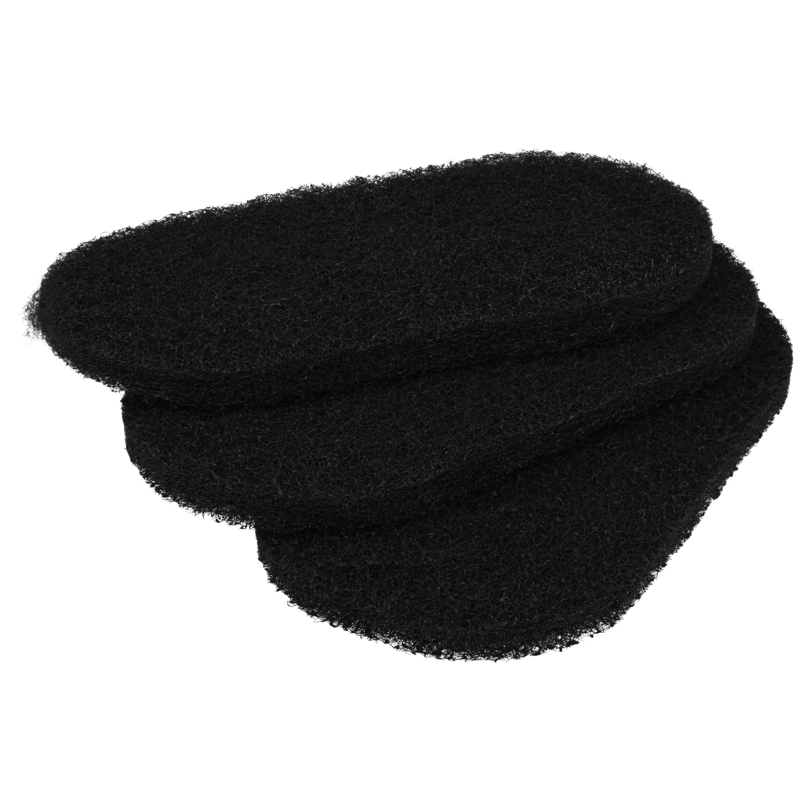 Drei schwarze, oval geformte Luftfilter sind gestapelt. Sie haben eine poröse, strukturierte Oberfläche und sind vor weißem Hintergrund platziert.