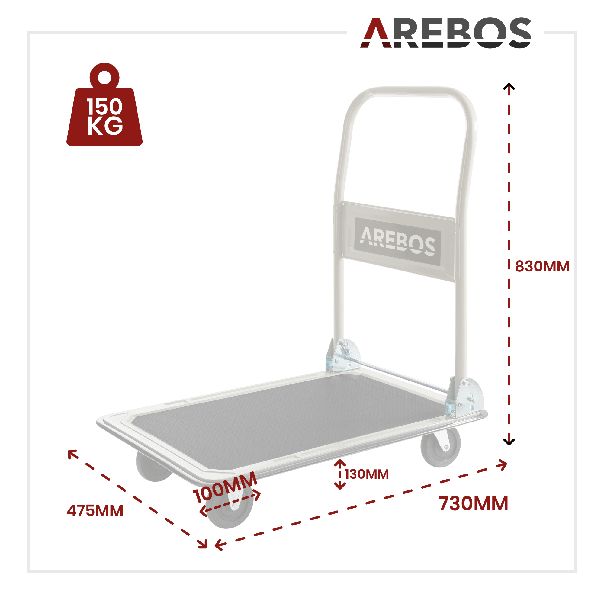 Ein silberner Handwagen mit Abmessungen und einer Tragfähigkeit von 150 kg. Produktname AREBOS wird angezeigt.