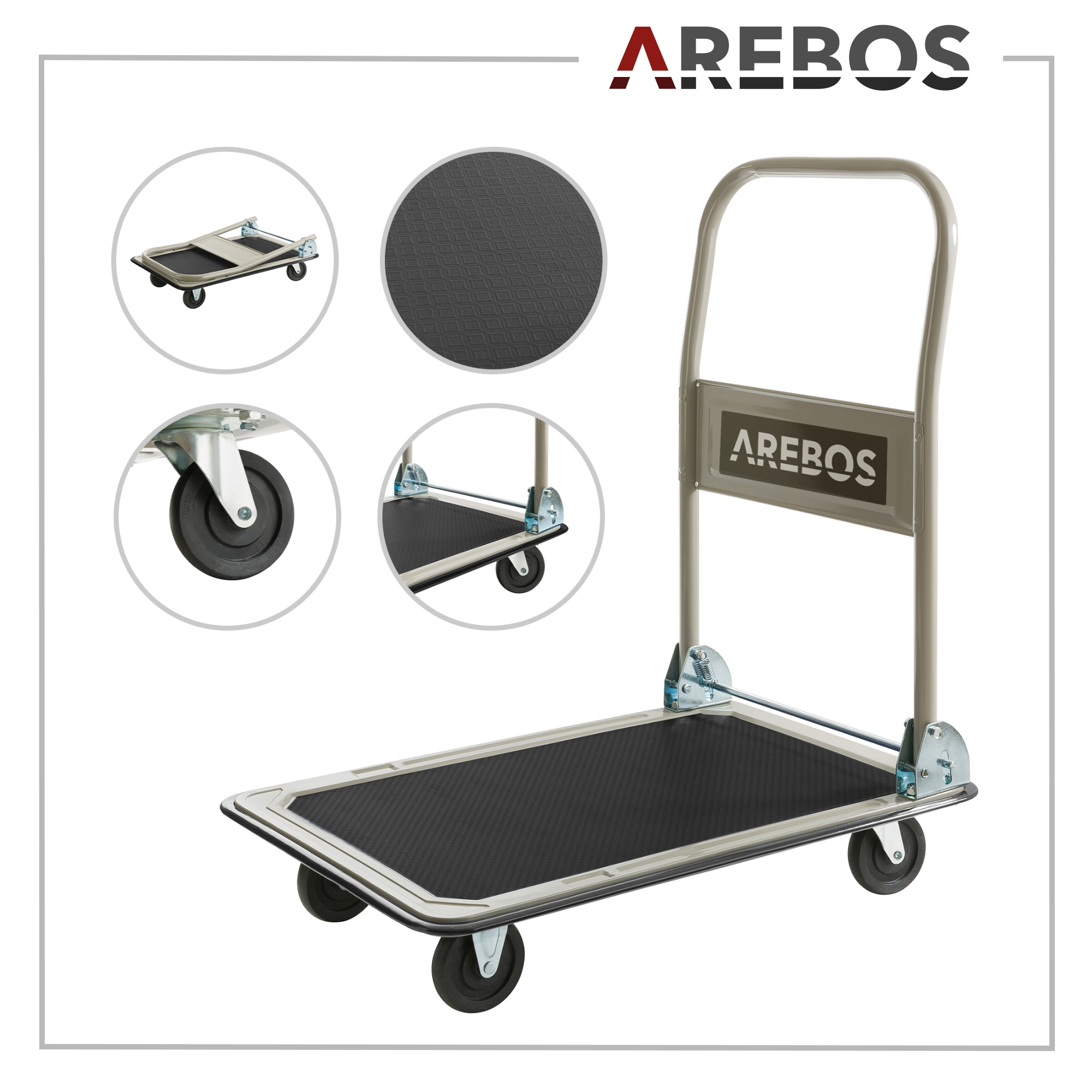Ein faltbarer AREBOS-Handwagen. Merkmale: schwarze strukturierte Plattform, silberner Rahmen und schwarze Räder. Inklusive Nahaufnahmen.