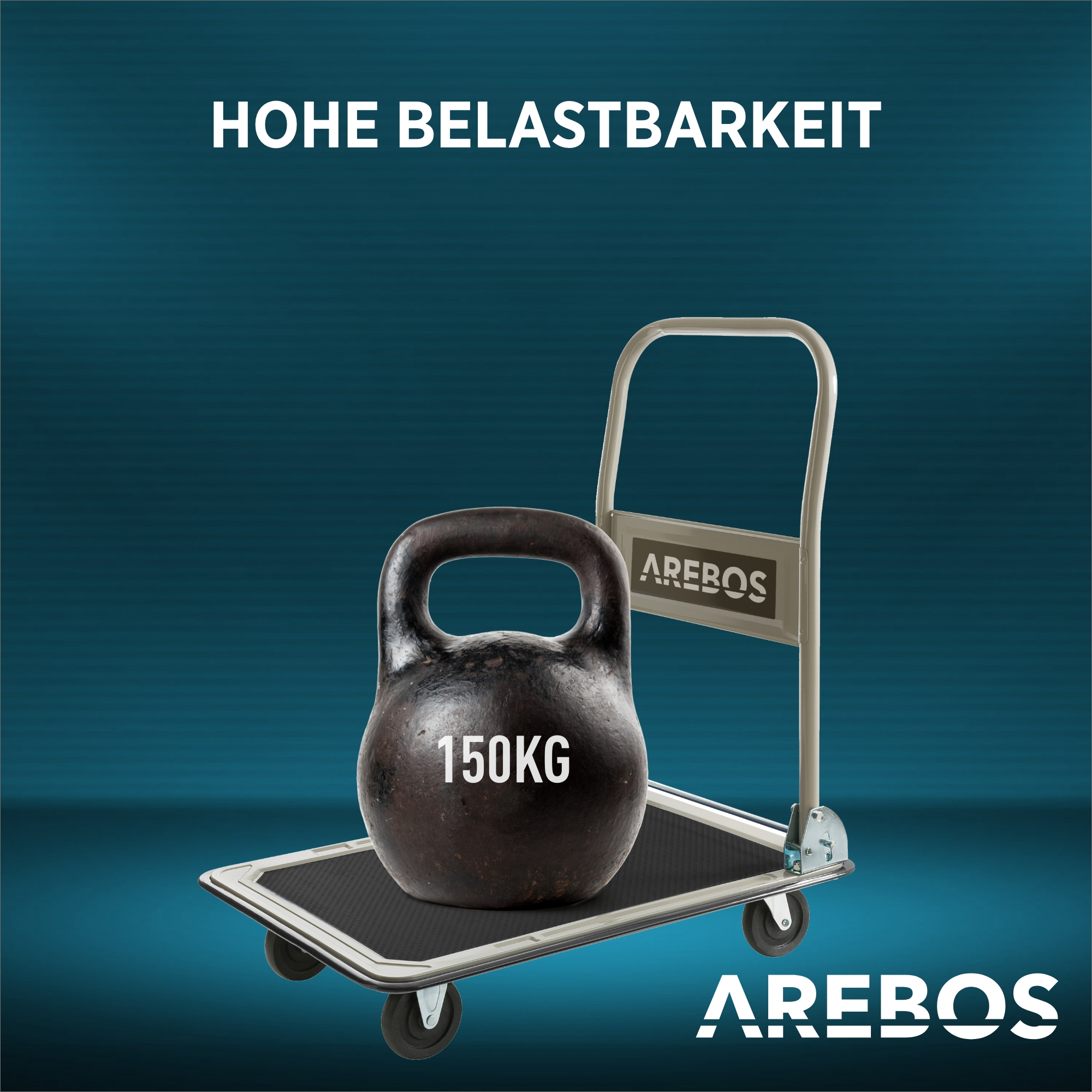 Eine 150 kg schwere Kettlebell liegt auf einem Wagen. Der Wagen hat das Arebos-Logo. Der Hintergrund ist blau.